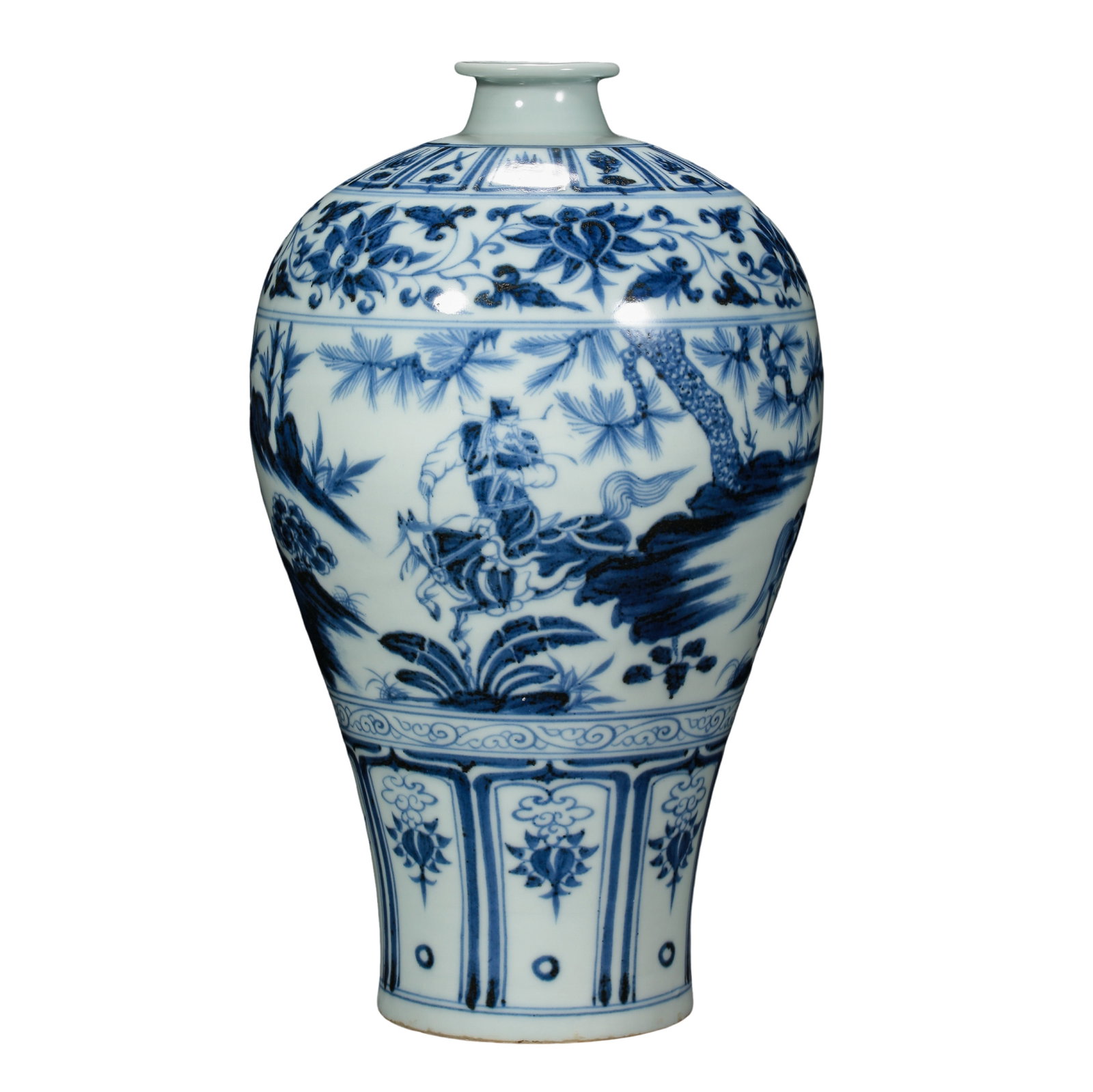 Yuan Dynasty Blue and White Plum Vase with Xiao He Chasing Han Xin Narrative Scene,14th Century CE: Dimensions:Mouth Diameter 4.5cm(1.77in),Overall Height 26cm(10.24in),14th Century CECondition & Provenance:The vase is completely intact with no cracks,chips or restorations,its glaze and body clay re