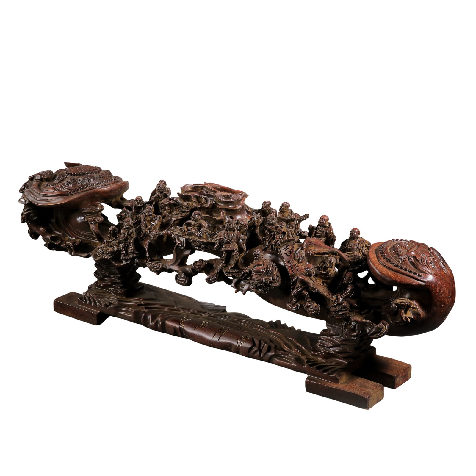 Qing Dynasty Small Leaf Red Sandalwood Ruyi Scepter Carved with Eighteen Arhats and Ganoderma: Dimensions:Total Length 88cm(34.65in),Overall Height 28cm(11.02in),Net Weight 7.53kg,18-19th Century CECondition & Provenance:The entire scepter is carved from one single large timber block,paired wit