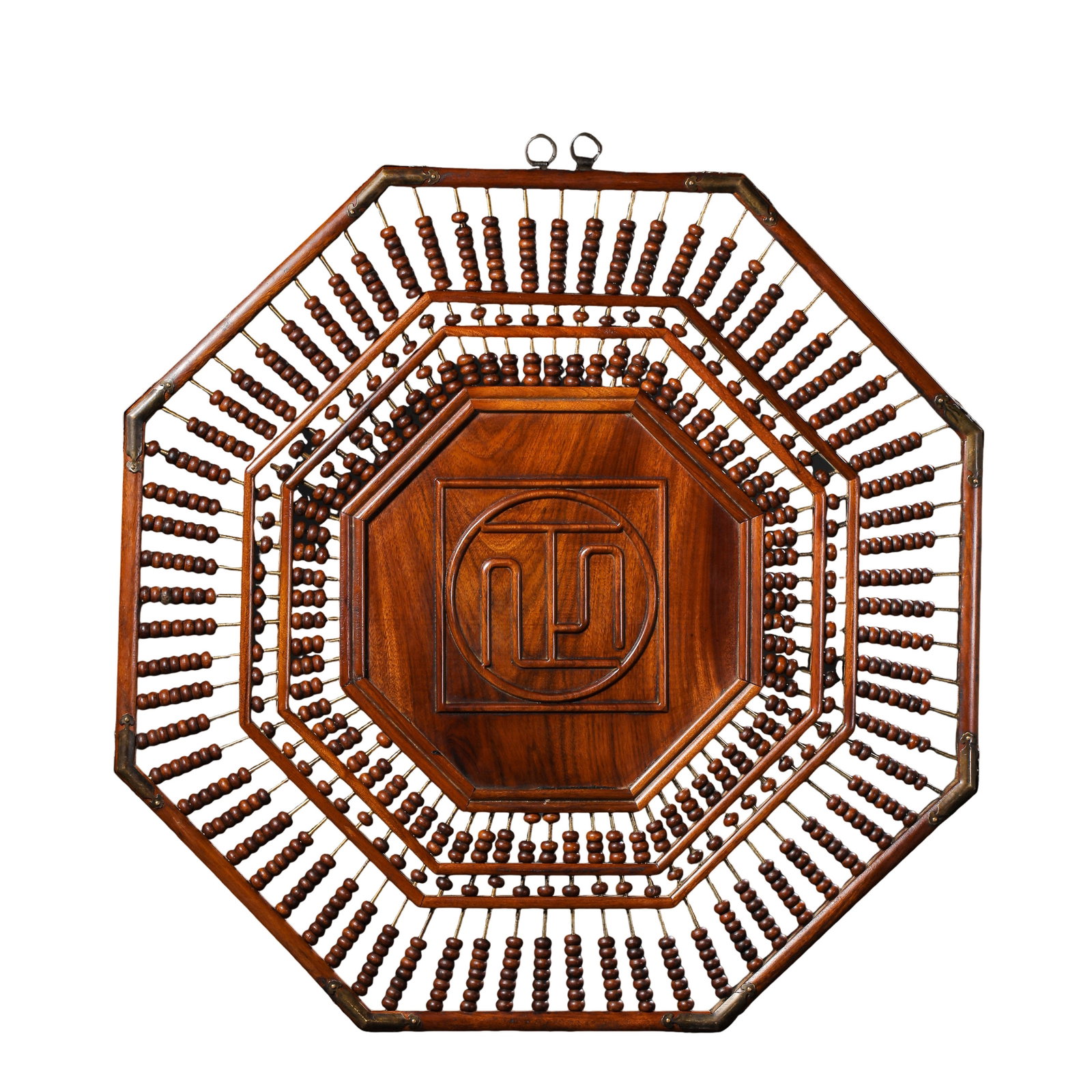Republic Period Huanghuali Octagonal Wealth-Attracting Hanging Abacus,20th Century CE: Dimensions:Diagonal Overall Length 45cm(17.72in),20th Century CECondition & Provenance:The whole piece is fully intact with zero missing parts.All beads,copper spindles and decorative brass corner har