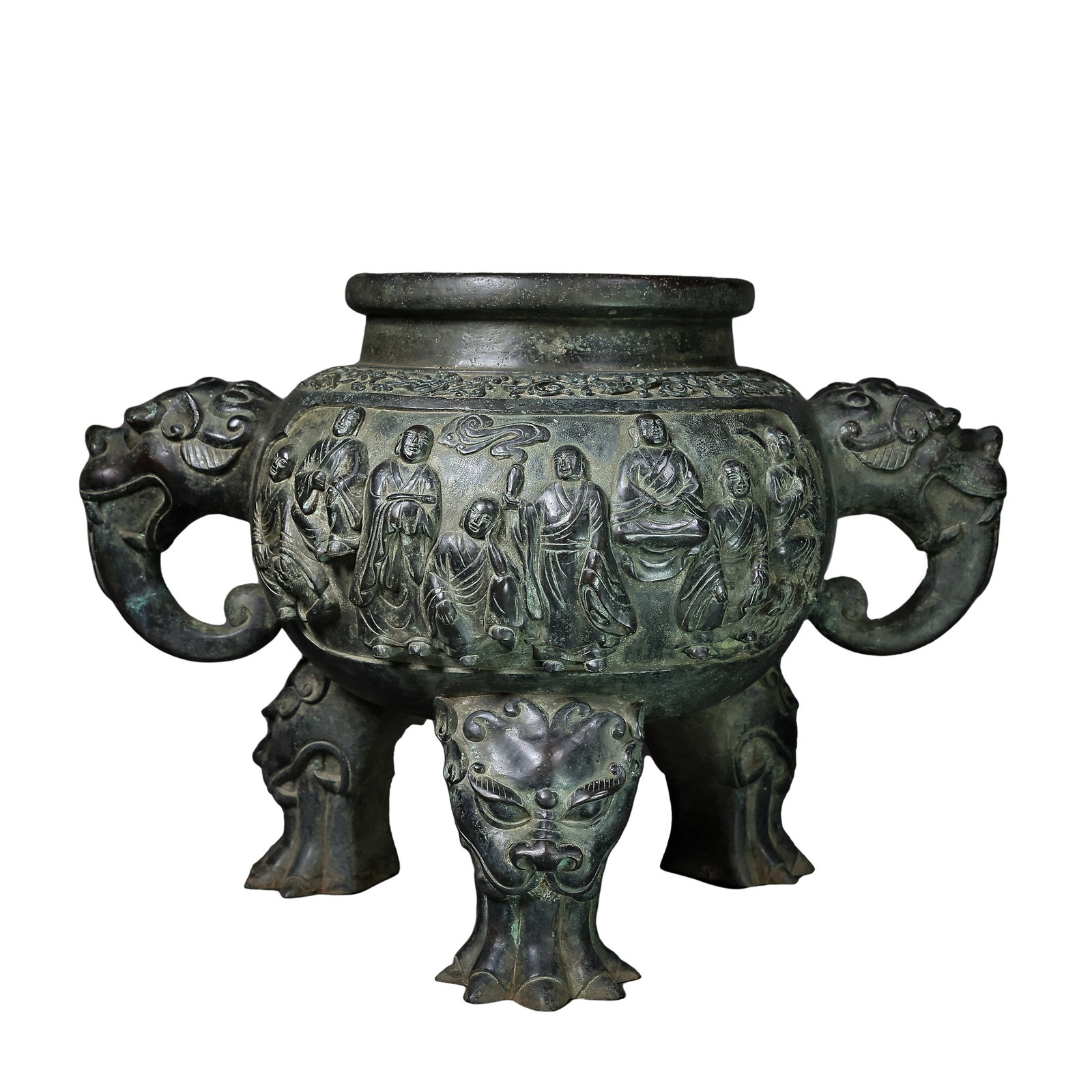Liao?Jin Dynasty Large Bronze Tripod Censer With Beast?Ears And Arhat Reliefs,10th?13th (1 of 9)