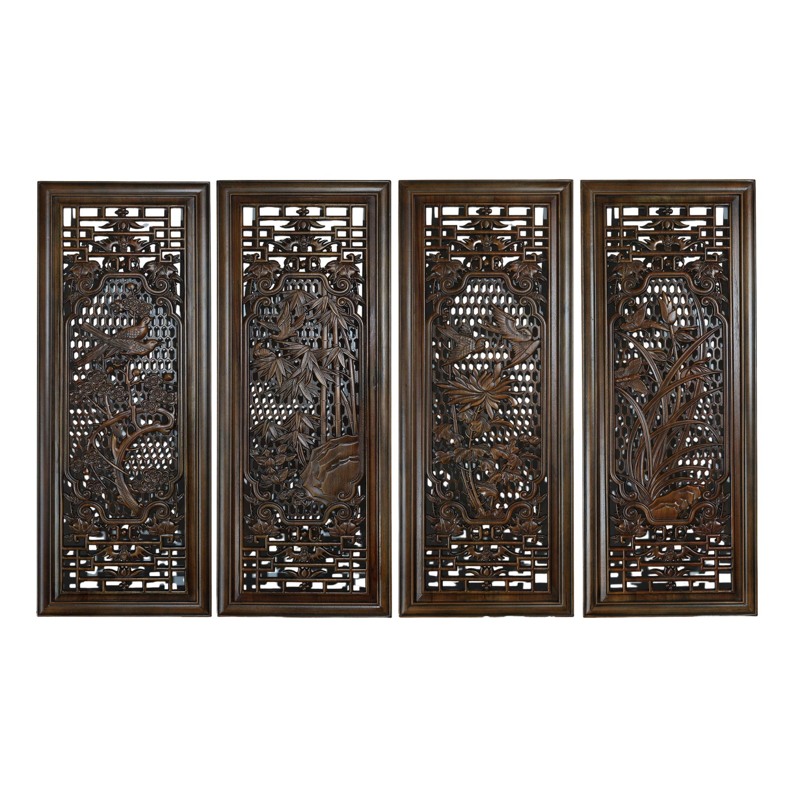 Qing Dynasty Pear Wood Openwork Four Gentlemen Hanging Screens Set,17-Early 20th Century CE: Dimensions:Single Panel Length 101cm(39.76in),Single Panel Width 40cm(15.75in),Set of Four Panels,17-Early 20th Century CECondition & Provenance:The complete four-panel set retains all original compon
