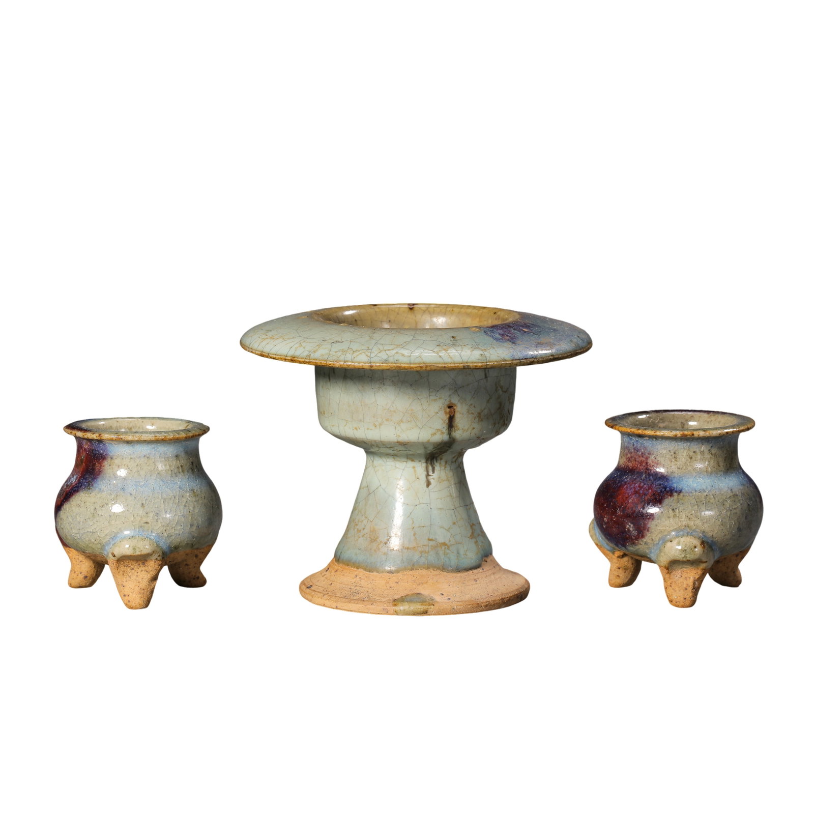 Jin?Yuan Dynasty Jun Ware Sky?Celadon Purple?Splashed Ritual Set of Three,12?14th Century CE: Dimensions:Tall?stemmed lamp: Mouth Diameter 10.5cm(4.13in),Overall Height 8.5cm(3.35in);Pair of three?legged censers: Mouth Diameter 5.5cm(2.17in),Overall Height 5.5cm(2.17in),12?14th Century CECondi