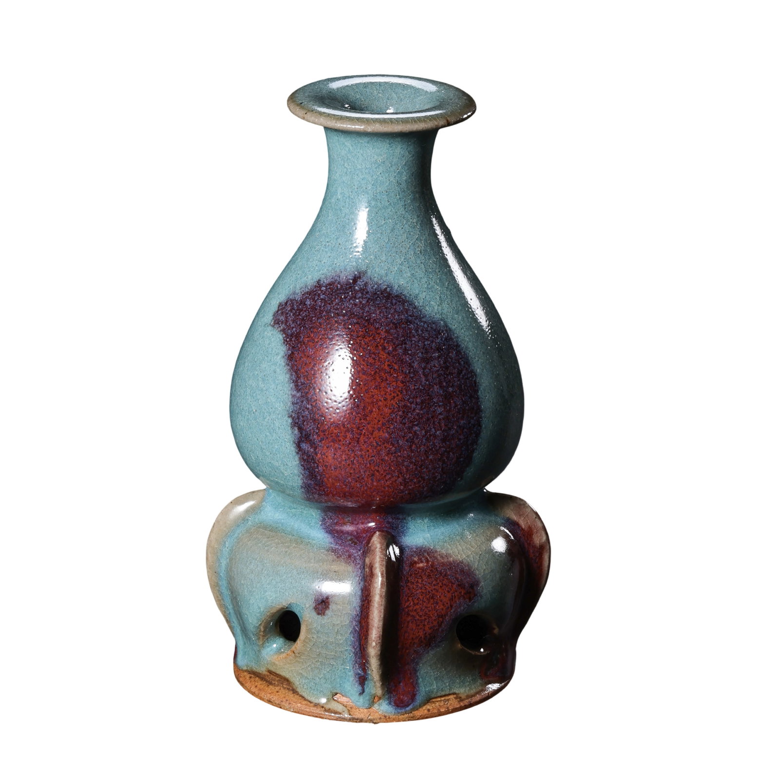 Song Dynasty Jun Kiln Sky-Celadon Rose Purple Splashed Gourd Vase with Integrated Stand,10-13th: Dimensions:Overall Height 14cm(5.51in),10-13th Century CECondition & Provenance:The whole vessel was fired in one piece without splicing.The gourd body and integrated stand are fully intact with no pe