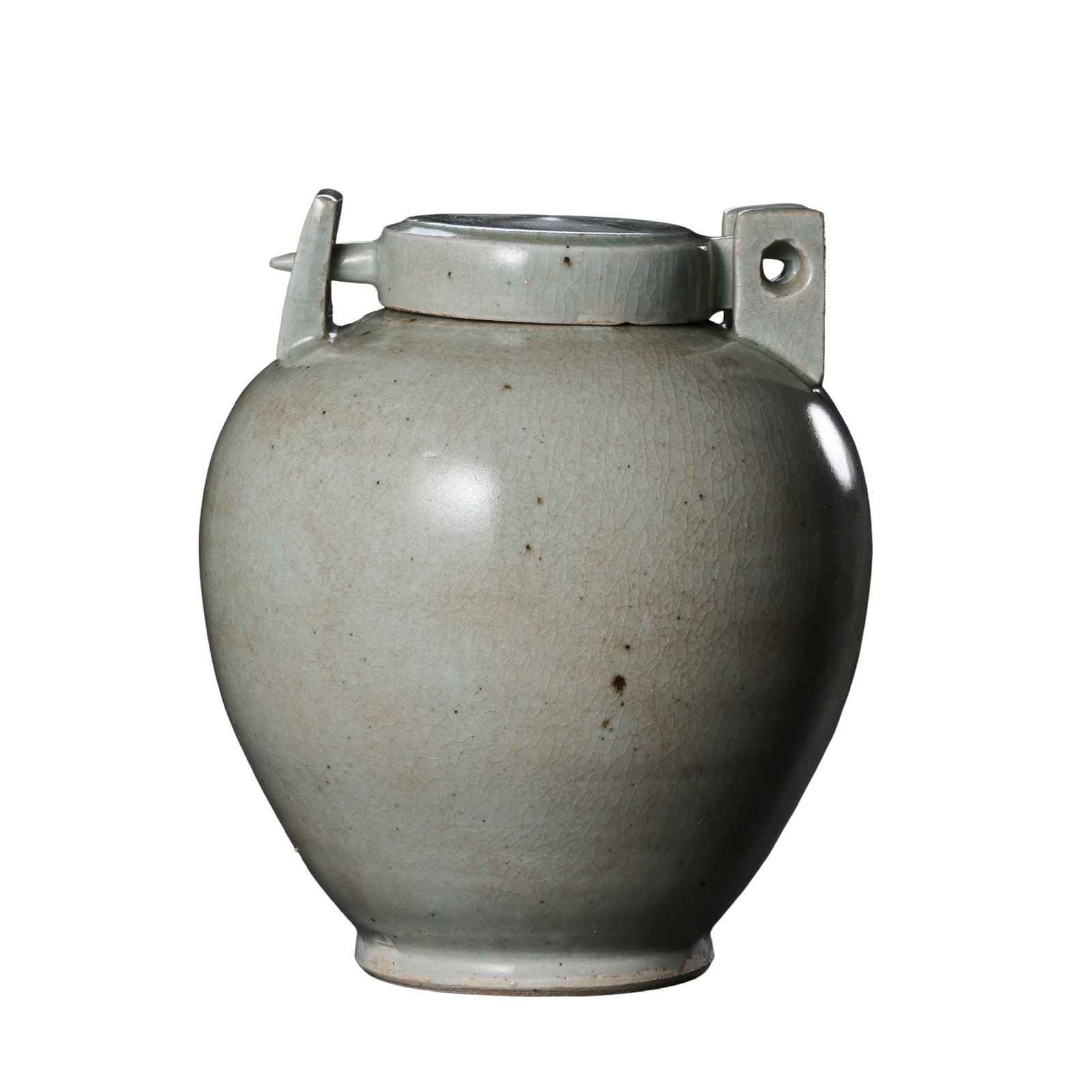 Goryeo Dynasty Celadon Grey Four-Lug Lidded Storage Jar,10-14th Century CE: Dimensions:Overall Height 18.5cm(7.28in),10-14th Century CECondition & Provenance:The jar body and matching lid are an original complete set,free of penetrating cracks,hidden fractures,restoration pat