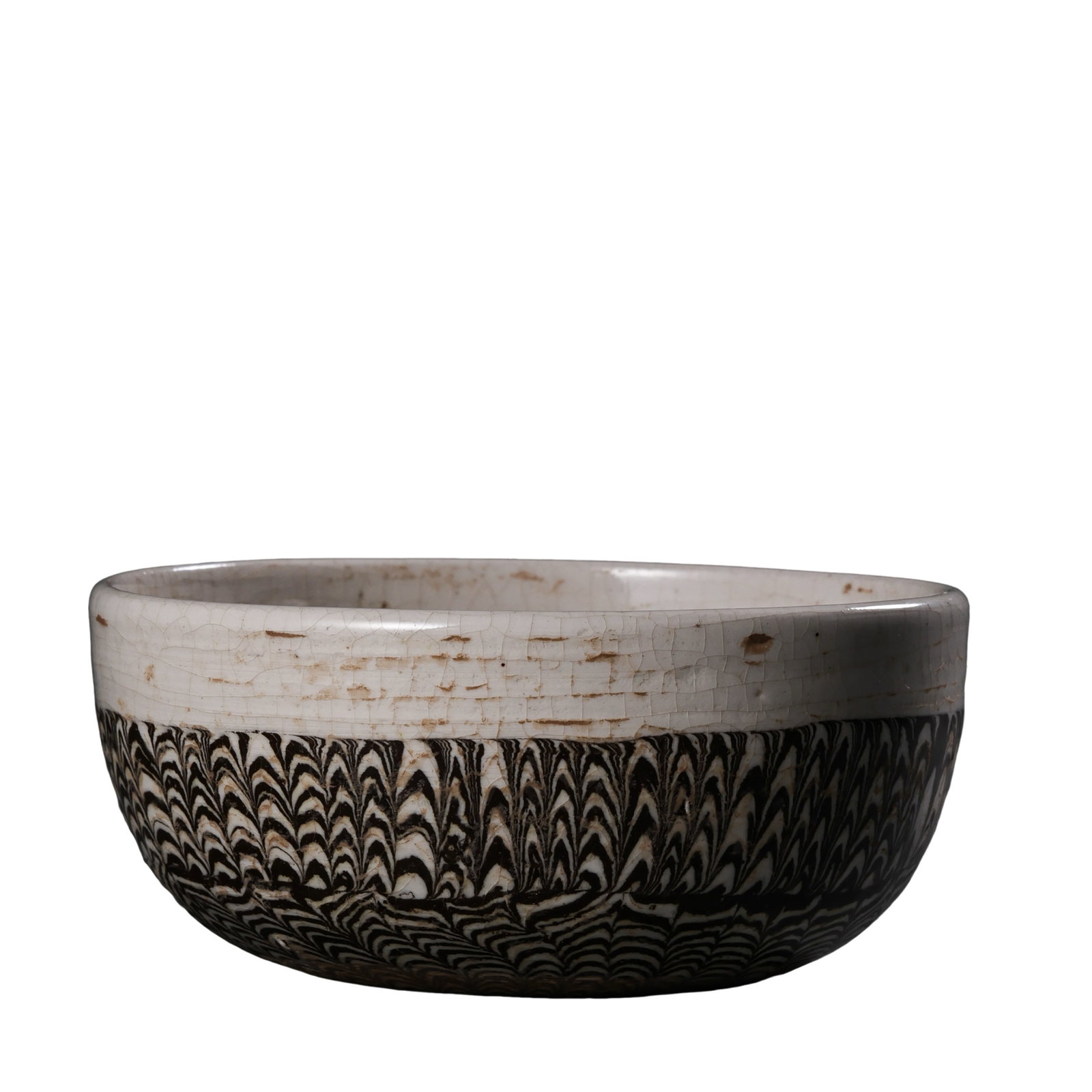 Song Dynasty Marbled?Clay Feather?Pattern Deep Bowl,10?13th Century CE: Dimensions:Mouth Diameter 9.8cm(3.86in),Overall Height 4.5cm(1.77in),10?13th Century CECondition & Provenance:The bowl body is intact without cracks,restoration or later over?painting.Continuous feath
