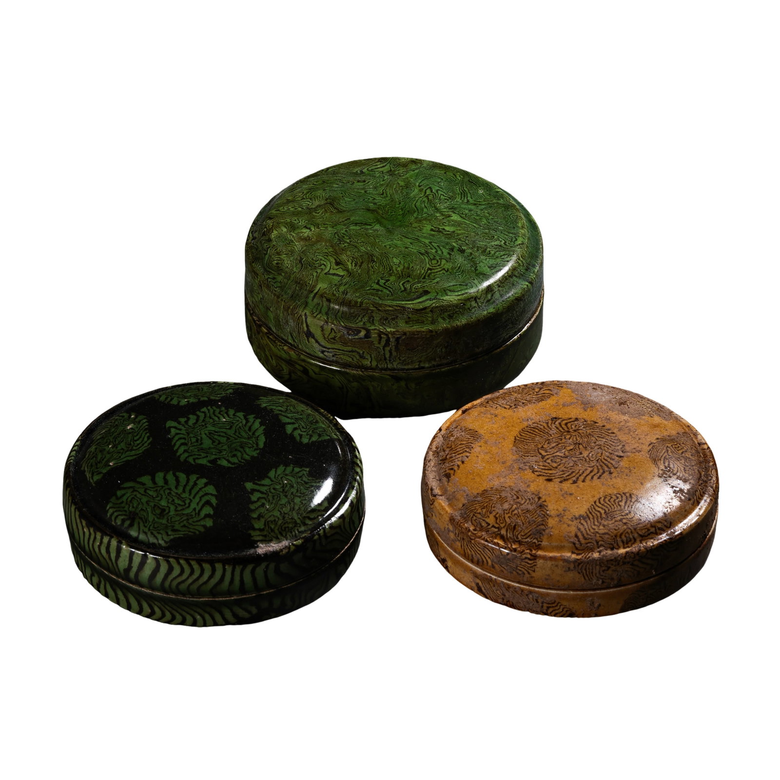 Song Dynasty Group?Three Marbled?Clay Lidded Cosmetic Boxes,10?13th Century CE (1 of 16)