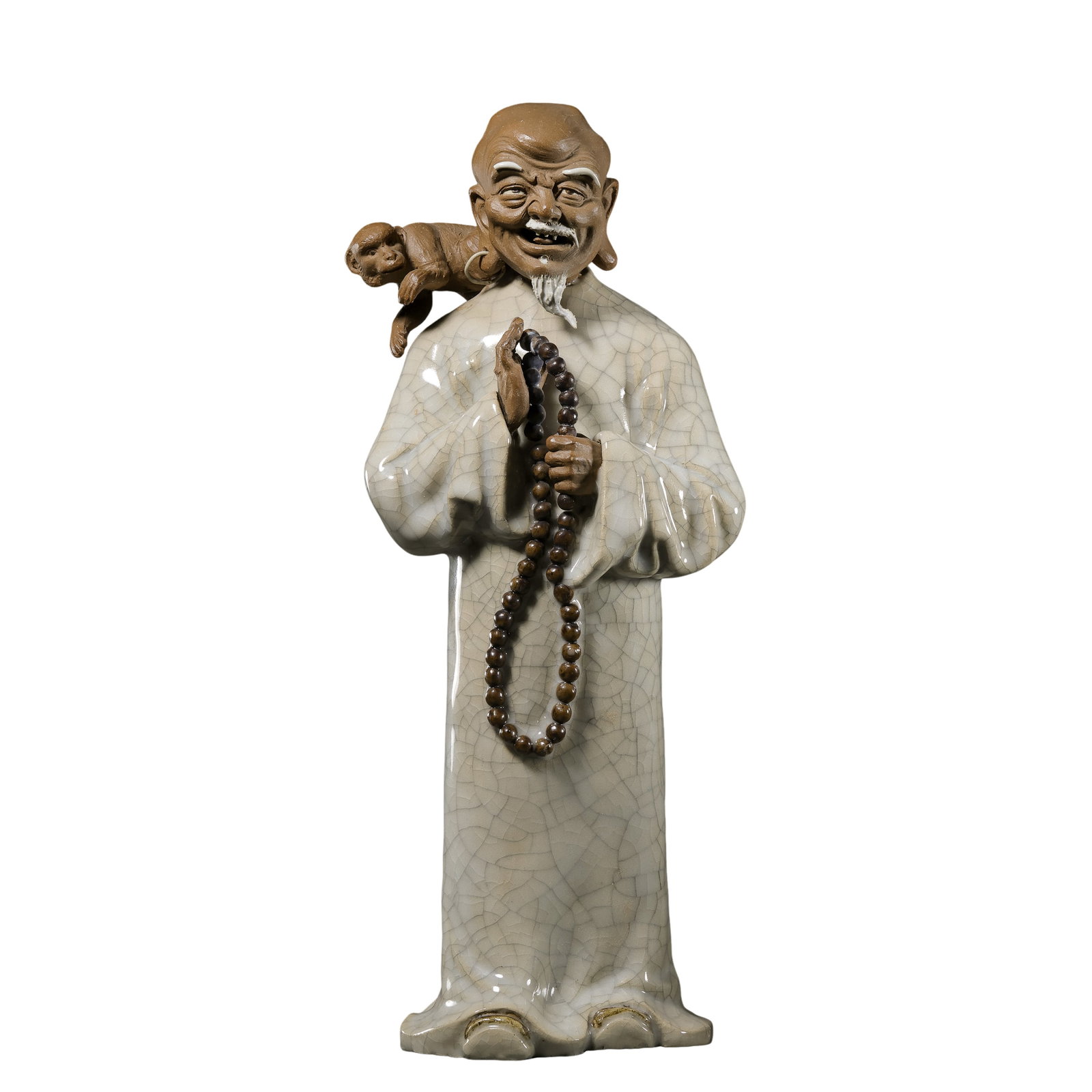 Shiwan Ge Glaze Porcelain Statue of Arhat with Monkey,Modern Shiwan Kiln Artwork (1 of 12)