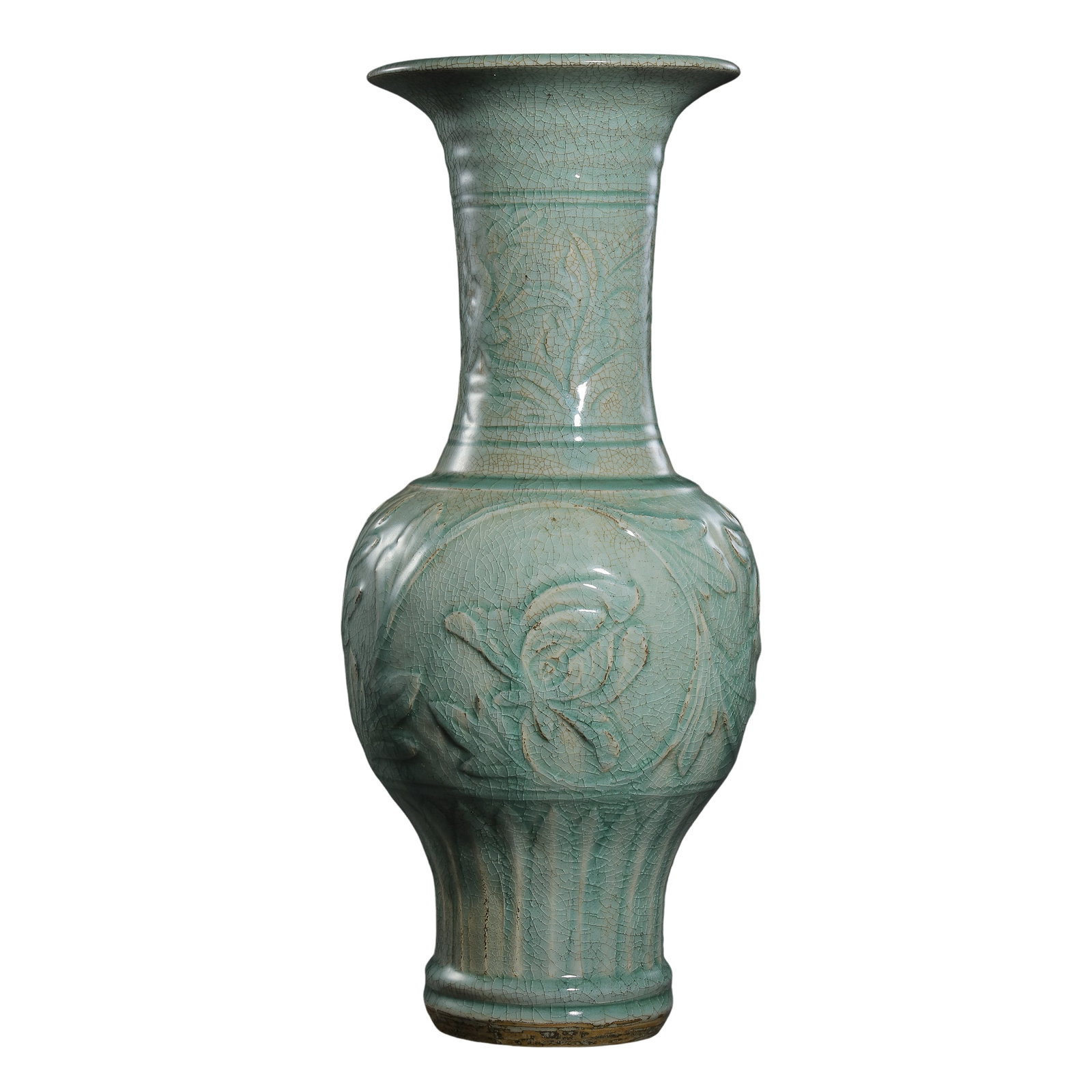 Yuan-Ming Longquan Kiln Celadon Large Gu Vase with Carved Peony Relief,Chinese Yuan to Ming Dynasty (1 of 13)