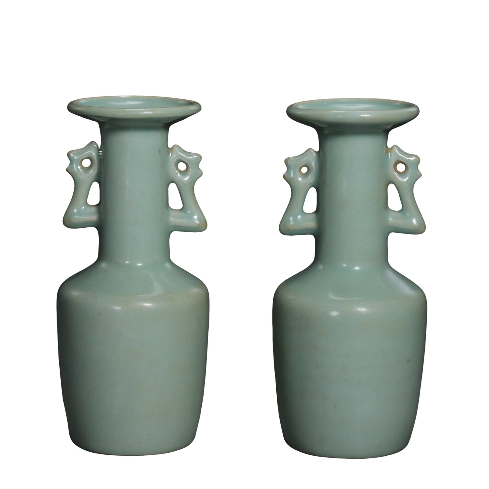 Southern Song Longquan Kiln Celadon Phoenix-Eared Mallet Vase Pair,Southern Song Dynasty Chinese: Dimensions:Single Vase Overall Height 18.5cm(7.28in),Pair of scholarly display celadon vases from Southern Song DynastyCondition & Provenance:Both vases in this matching pair are fully intact without 