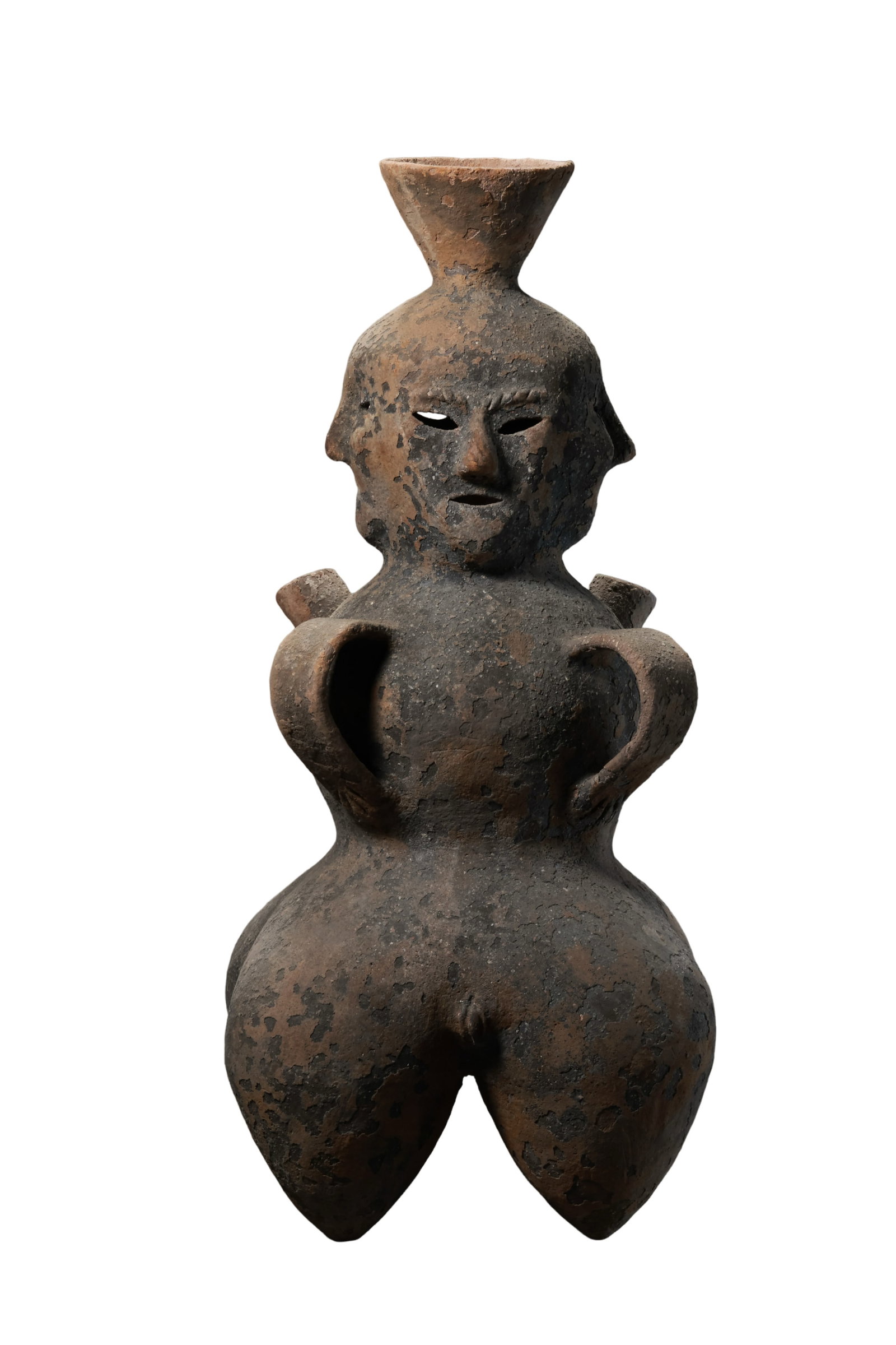 Neolithic Hongshan?Culture Four?Faced Pottery Figure,circa 4700?2900 BCE: Dimensions:Height 42.8cm,width 19.5cmCondition & Provenance:Hand?modeled as one integral piece.Four?sided human?face sculpture is fully intact.Part of original painted coating flaked off due to long?t