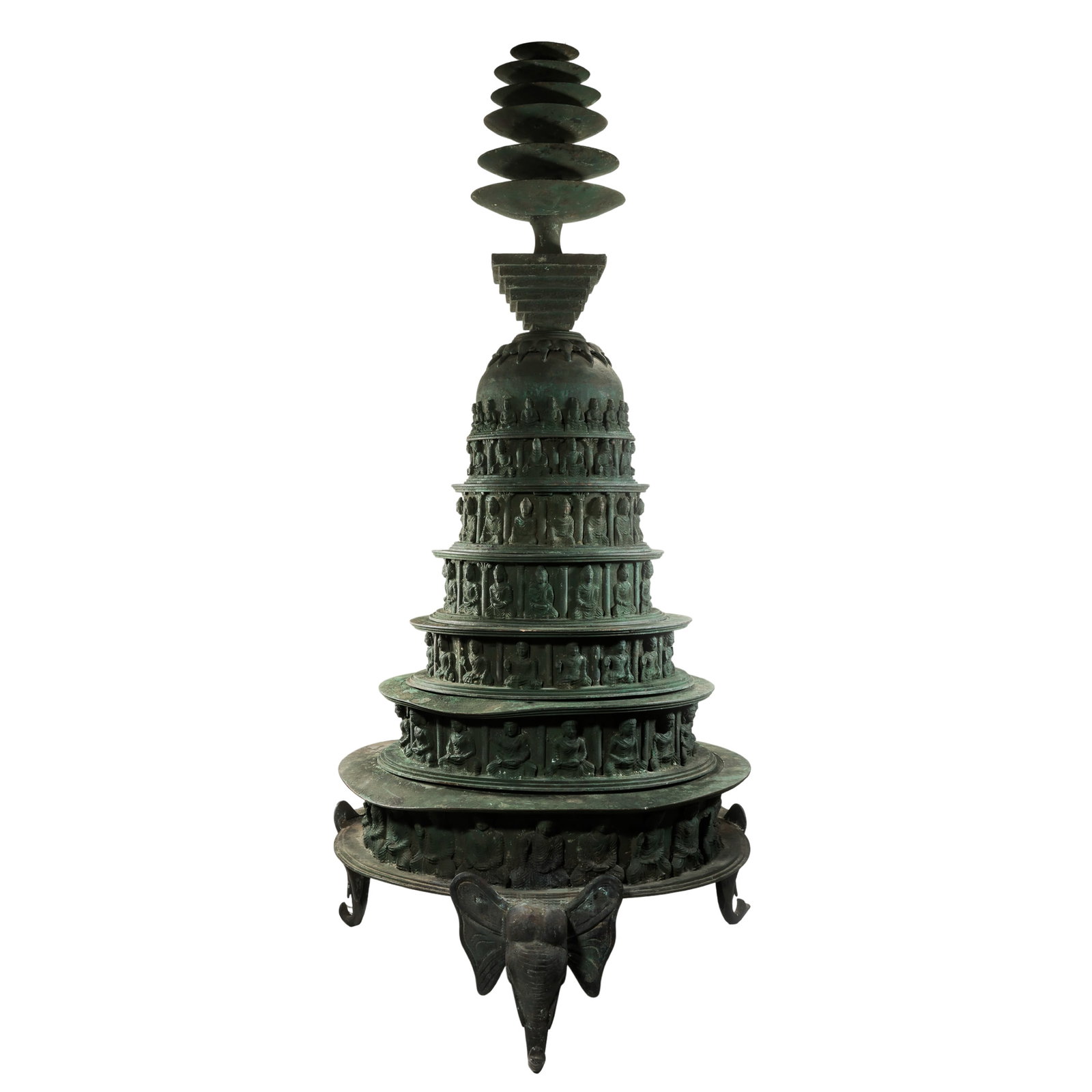 Southeast Asian Ancient Bronze Multi-Tier Thousand Buddha Stupa with Elephant Head Legs,Ancient (1 of 6)