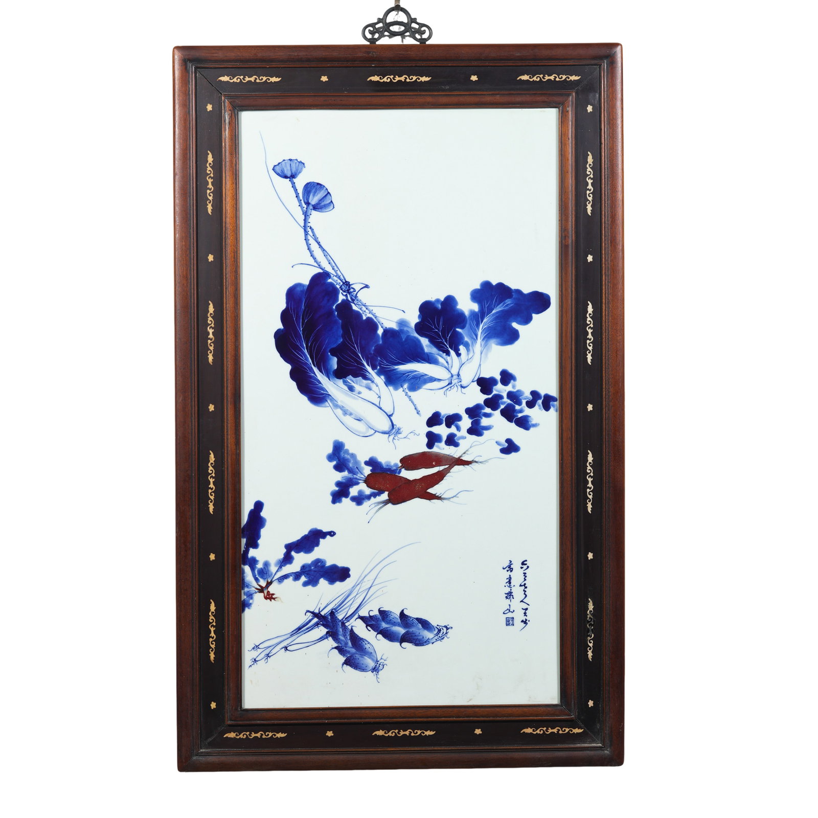 Republic of China Underglaze?Blue and Copper?Red Porcelain Plaque with Vegetable (1 of 7)