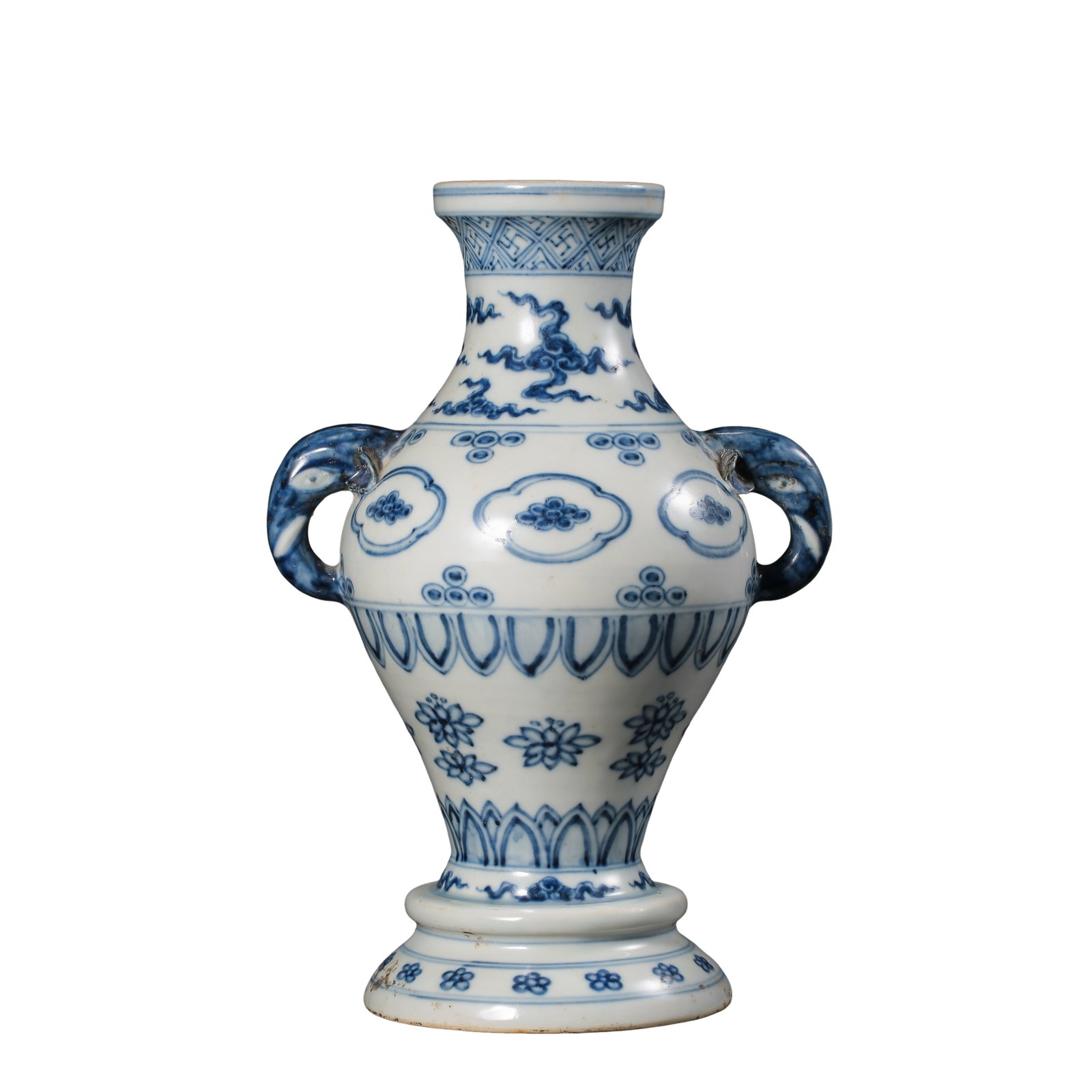 Ming?Zhengde Period Blue?and?White Vase with Elephant?Handles and Floral: Dimensions:Overall Height 29cm(11.42in),Mouth Diameter 8cm(3.15in),16th century Mid?Ming porcelainCondition & Provenance:The vase remains intact without cracks or chips.The cobalt blue presents nice t