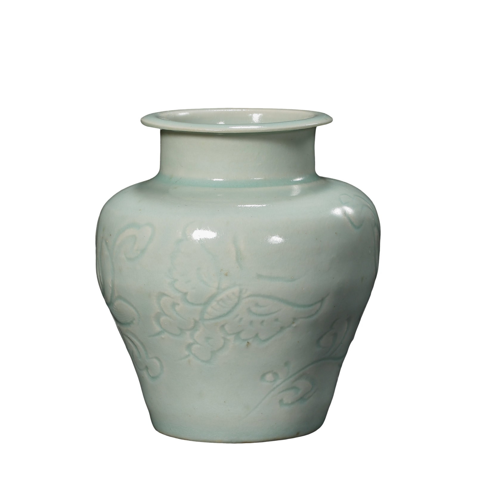 Song Dynasty Hutian Kiln Yingqing Celadon Incised Butterfly?Floral Small Jar,12th?13th century: Dimensions:Mouth Diameter 6cm(2.36in),Overall Height 10.2cm(4.02in),12?13th century Song Qingbai ceramicCondition & Provenance:The jar is completely intact without cracks or chips. Original Yingqing g