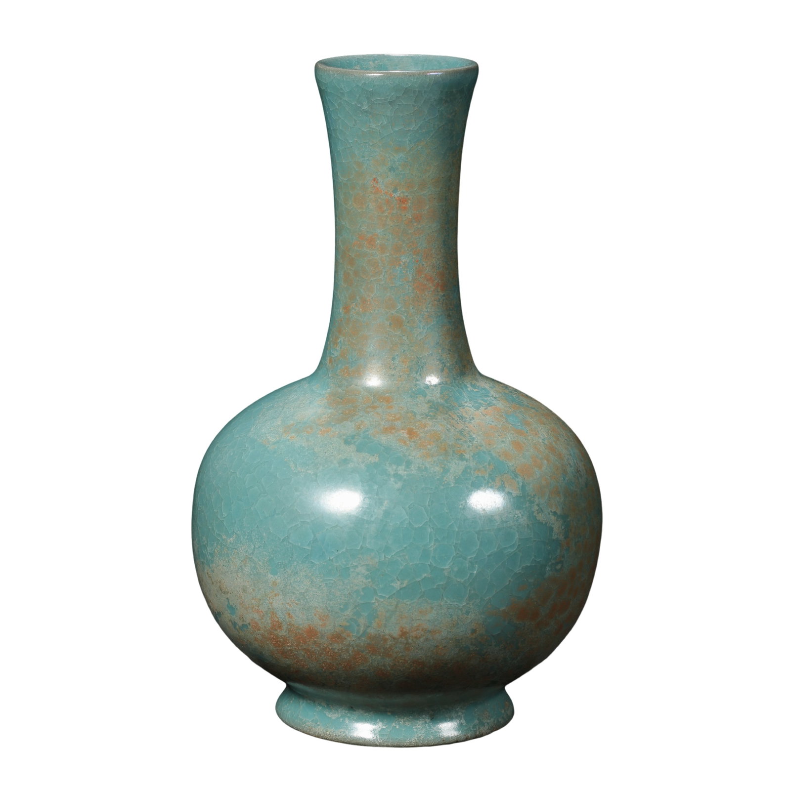Northern Song Dynasty Ru Kiln Sky-Celadon Crackle Long Neck Globular Vase,10th–12th century: Dimensions:Mouth Diameter 4.5cm(1.77in),Overall Height 18.5cm(7.28in),10-12th century Northern Song Ru imperial ceramicCondition & Provenance:The vase is fully intact without cracks, chips, filling or
