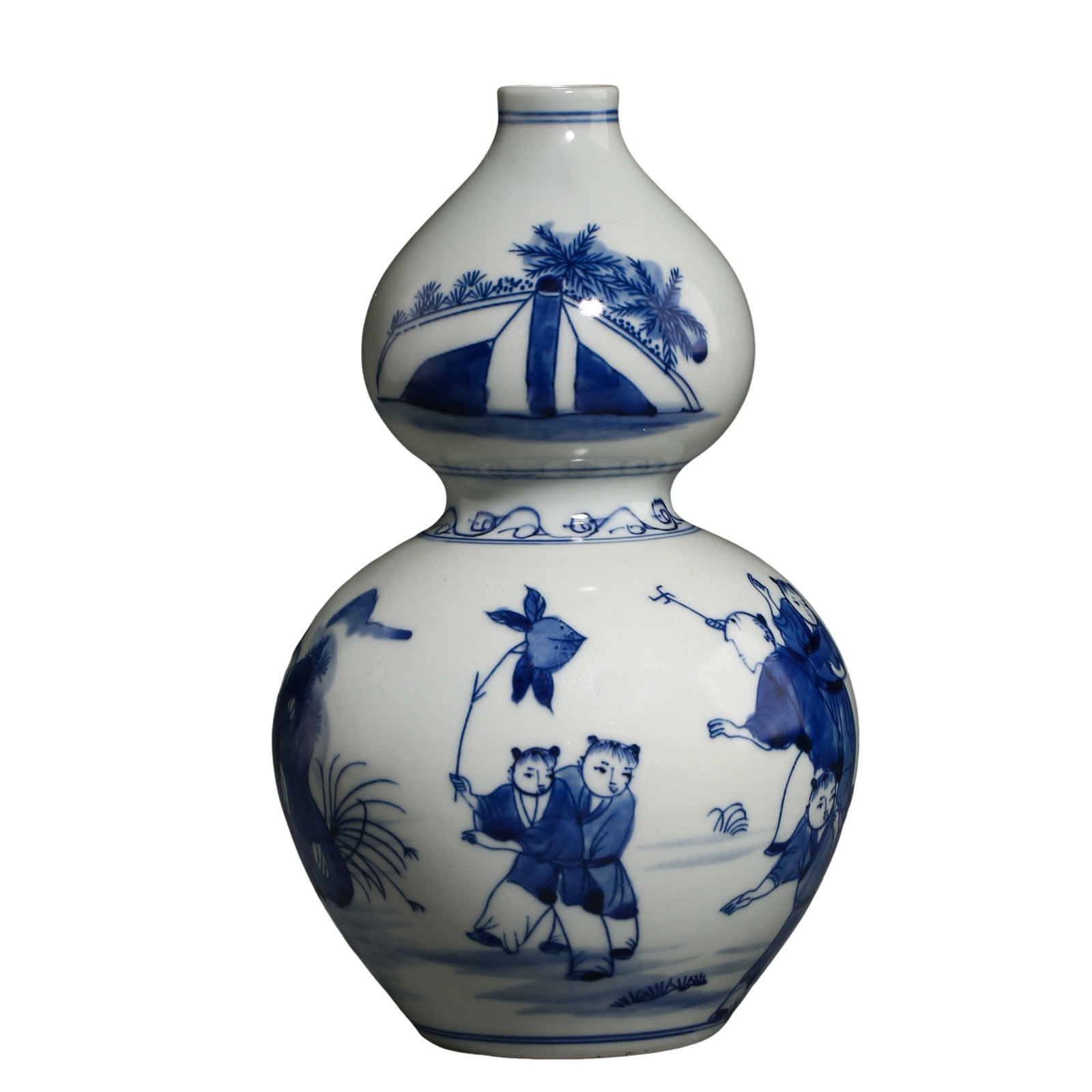 Qing Dynasty Kangxi Mark Blue and White Children Flying Kites Double Gourd Vase,17th century Chinese: Dimensions:Mouth Diameter 2.8cm(1.10in),Overall Height 22cm(8.66in),17th century Qing folk-themed blue and white ceramicCondition & Provenance:The vase is entirely intact with no cracks, chips, glaze 