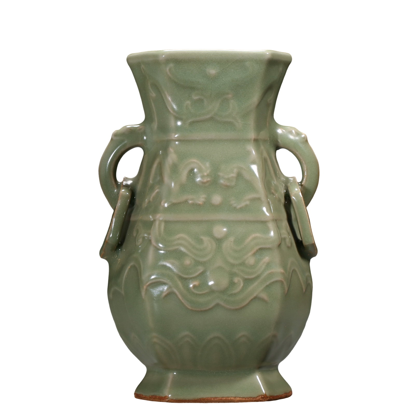 Yuan Dynasty Longquan Celadon Moulded Dragon & Taotie Hexagonal Vase with Chi Dragon: Dimensions:Mouth Width 8.7cm(3.43in),Overall Height 18.5cm(7.28in),13-14th century Yuan Longquan celadon ceramicCondition & Provenance:The vase is entirely intact with no cracks, chips, glaze flaking 