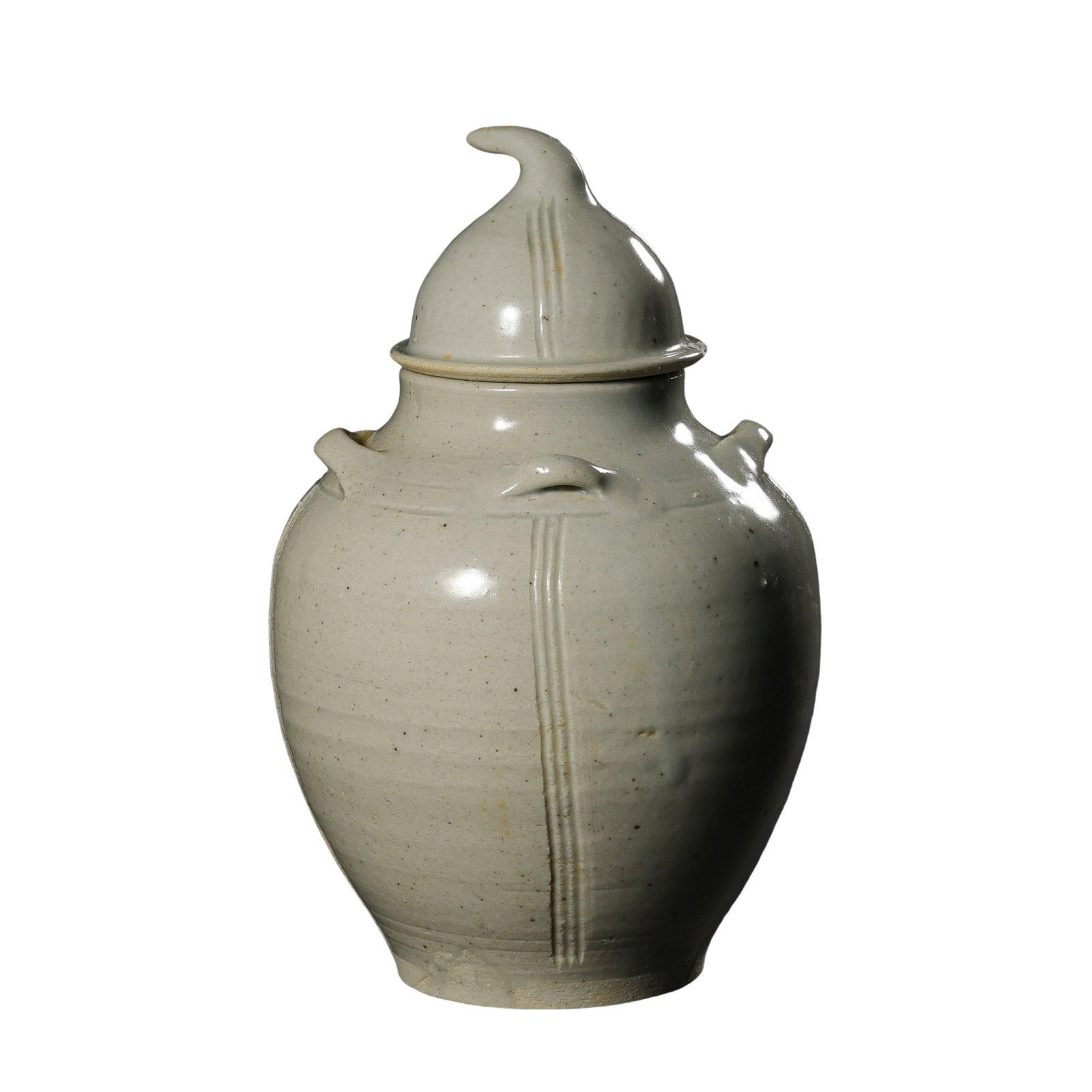 Song Dynasty Bluish White Porcelain Four-Lug Lidded Jar With Vertical Ribs And Pointed: Dimensions:Overall Height 15cm(5.91in),10-13th century Song dynasty bluish white porcelainCondition & Provenance:The jar and lid form an original matching intact set, no cracks, chips or missing secti