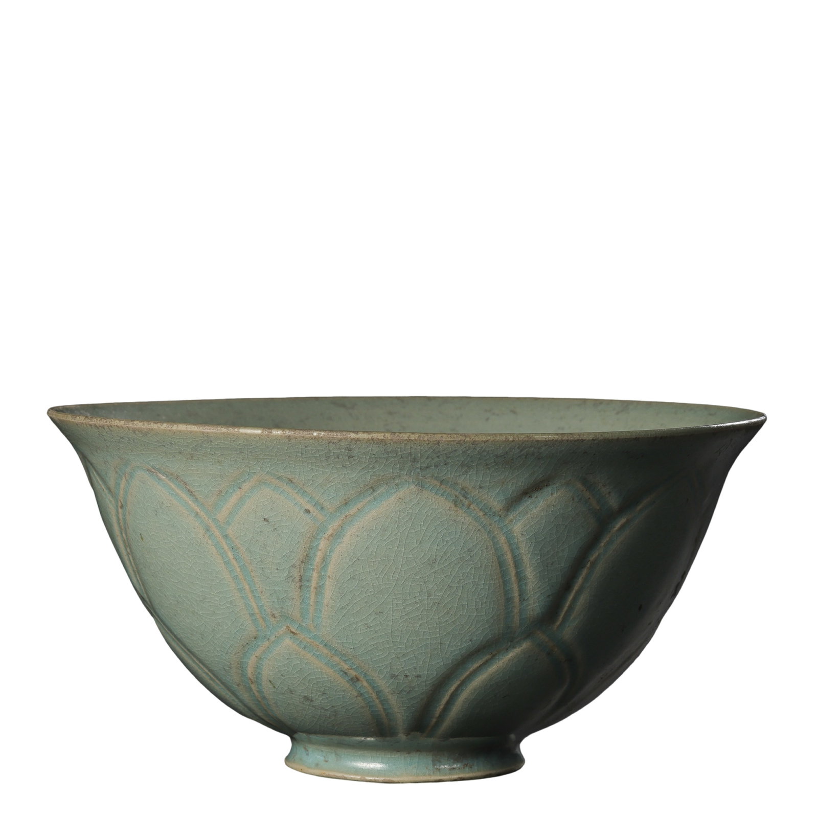 Song Dynasty Ru Ware Sky Celadon Large Bowl with Carved Lotus Petal Relief,10th–13th century: Dimensions:Mouth Diameter 19.3cm(7.60in),Height 9.8cm(3.86in),10th-13th century Song Dynasty Ru imperial porcelainCondition & Provenance:The bowl is fully intact with no hairline cracks,edge chips or 