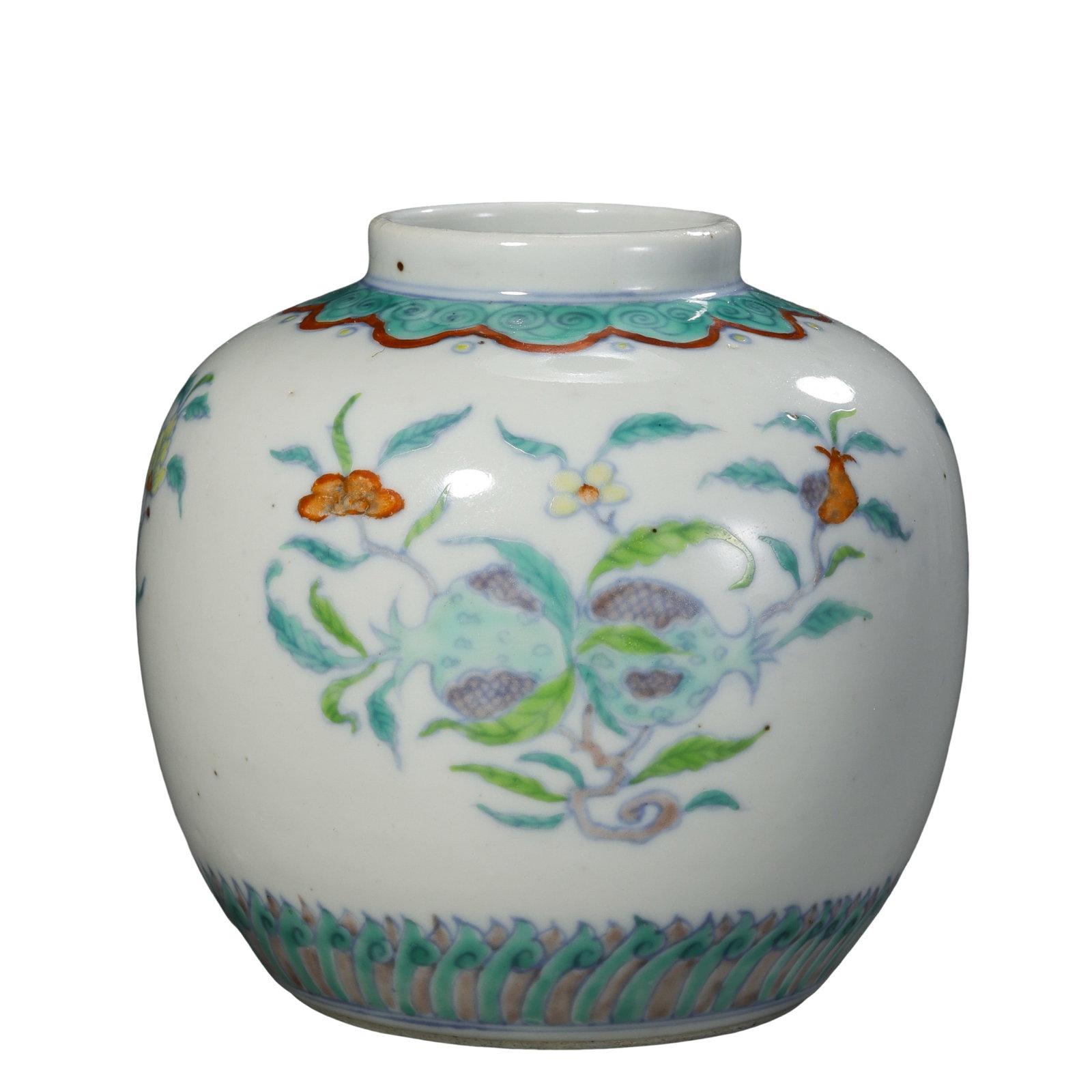 Qing Kangxi Doucai “Three Auspicious Fruits?? Small Jar, inscribed with four?character hall: Dimensions: Mouth diameter 12.5cm (4.92in), height 12.6cm (4.96in), Kangxi?period doucai porcelain?Condition & Provenance: The jar is complete without cracks, chips or restorations. The glaze is lustr