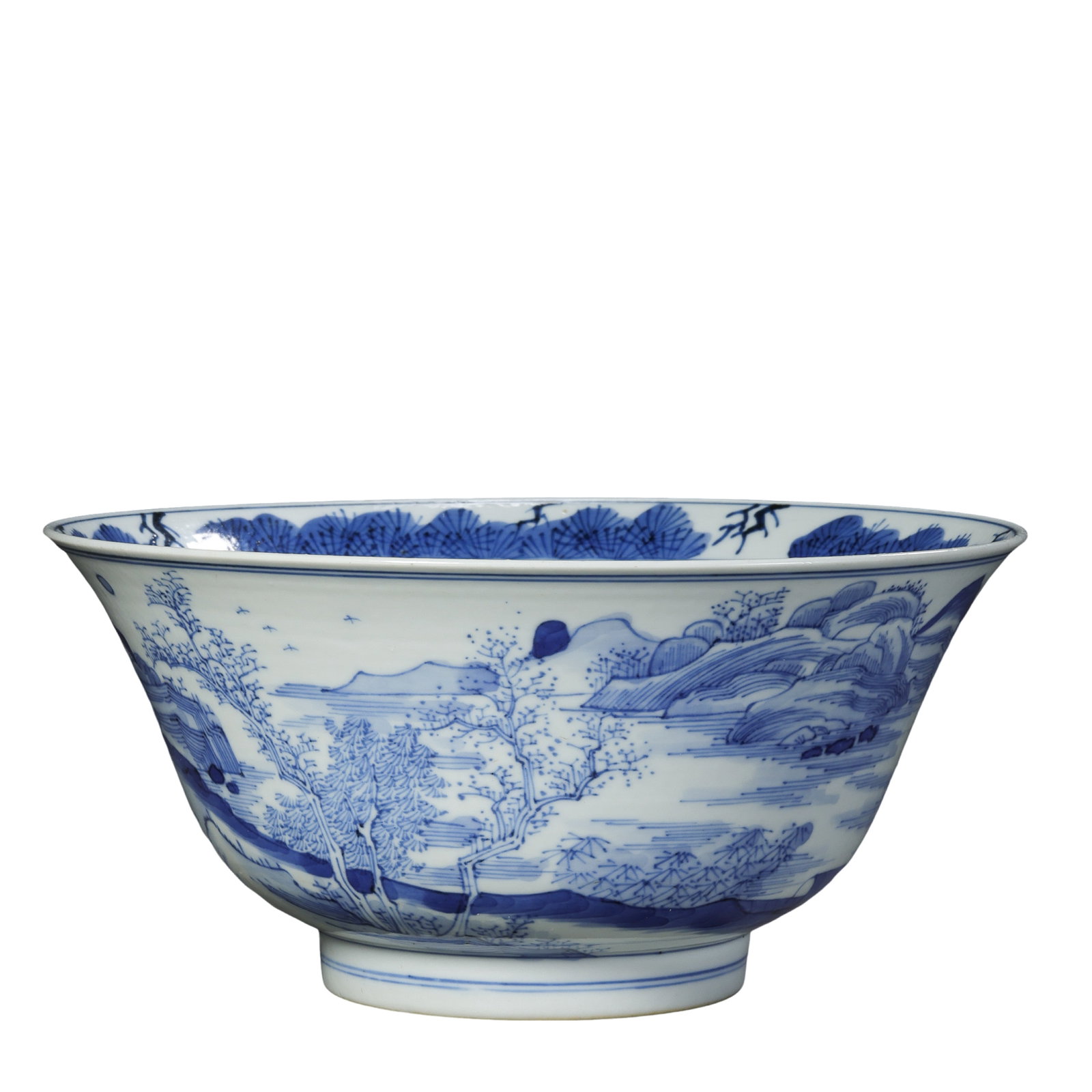 Qing Dynasty Kangxi Blue and White Large Bowl with Continuous Landscape and Fisherman Figures, Late: Dimensions: Mouth Diameter 19.5cm (7.68in), Height 9cm (3.54in), Late 17th CenturyCondition & Provenance: The bowl is fully intact with no cracks, chips, glaze flaking or restorations. The cobalt blue