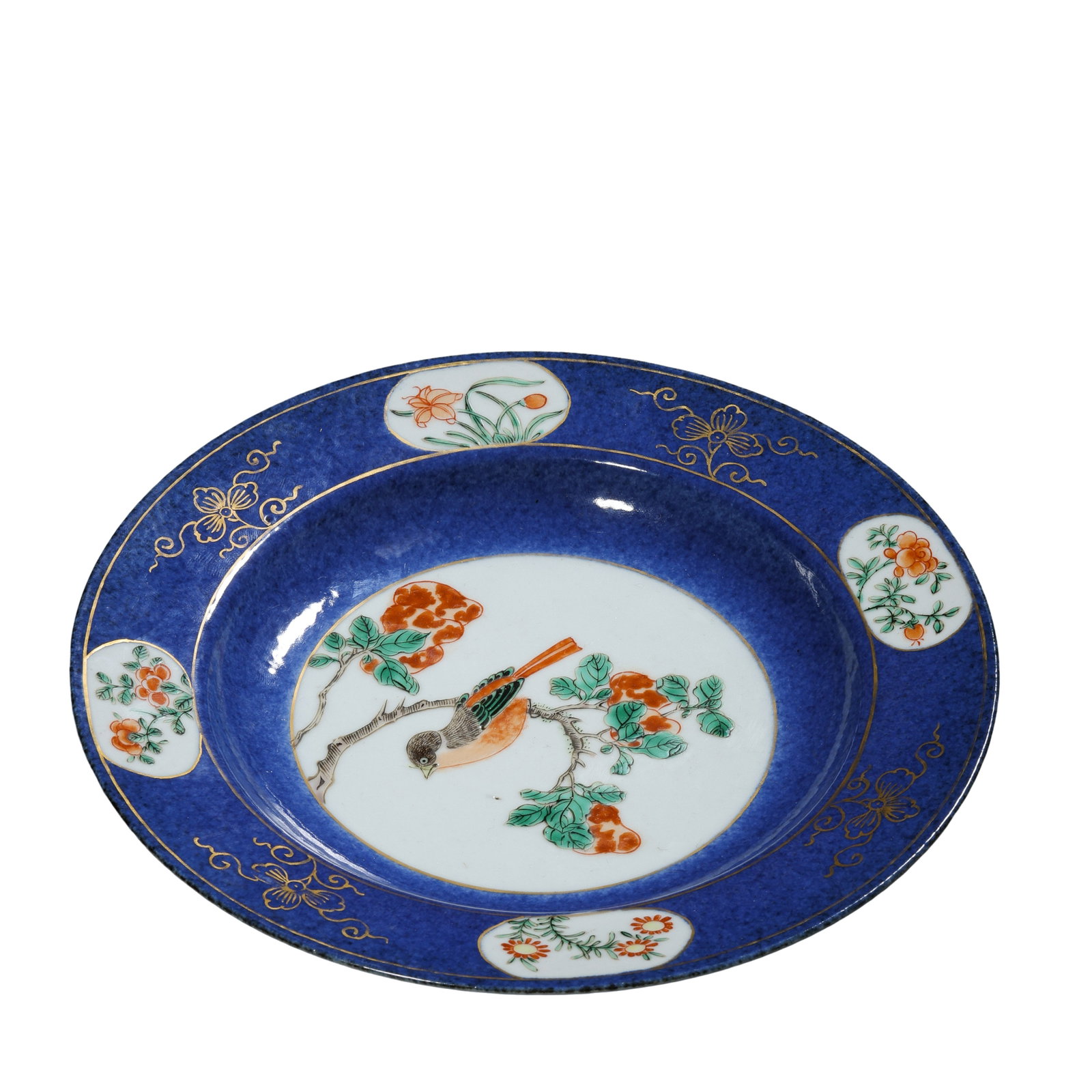 Guangxu Period Sprinkled Blue Gilt-Decorated Wucai Foliate Rim Plate with Flower, Bird and: Dimensions: Rim Diameter 22.2cm (8.74in), Height 3.2cm (1.26in), Late 19th CenturyCondition & Provenance: The plate is entirely intact with no cracks, chips, enamel loss or restorations. The speckled 