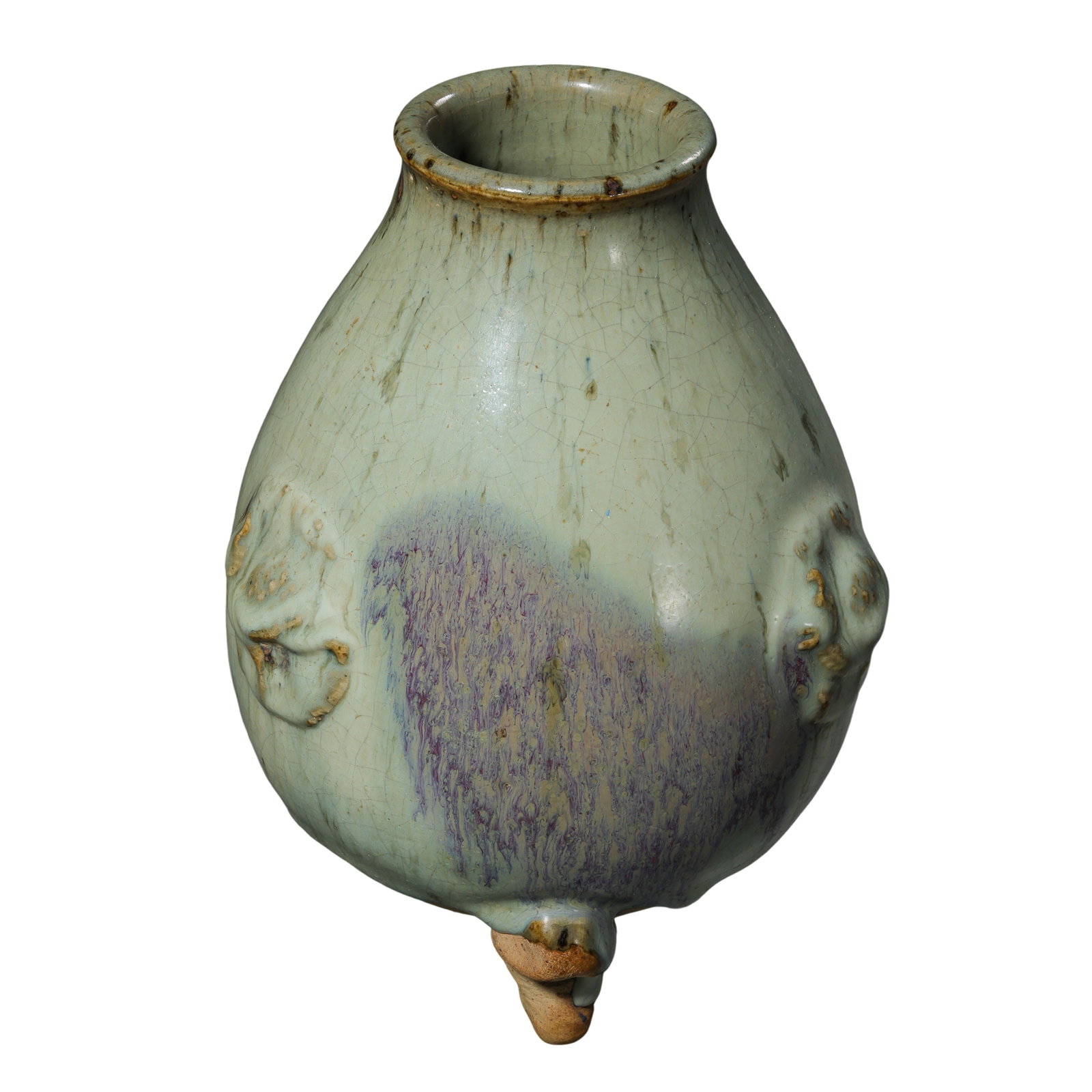 Song Dynasty Jun Kiln Moon White Glaze Tripod Zun Vase with Purple Splashes and Beast Masks,: Dimensions: Overall Height 20.7cm (8.15in), 12th to 13th CenturyCondition & Provenance: The vase is completely intact with no cracks, chips, missing sections or restored glaze. Fine natural crackle gl