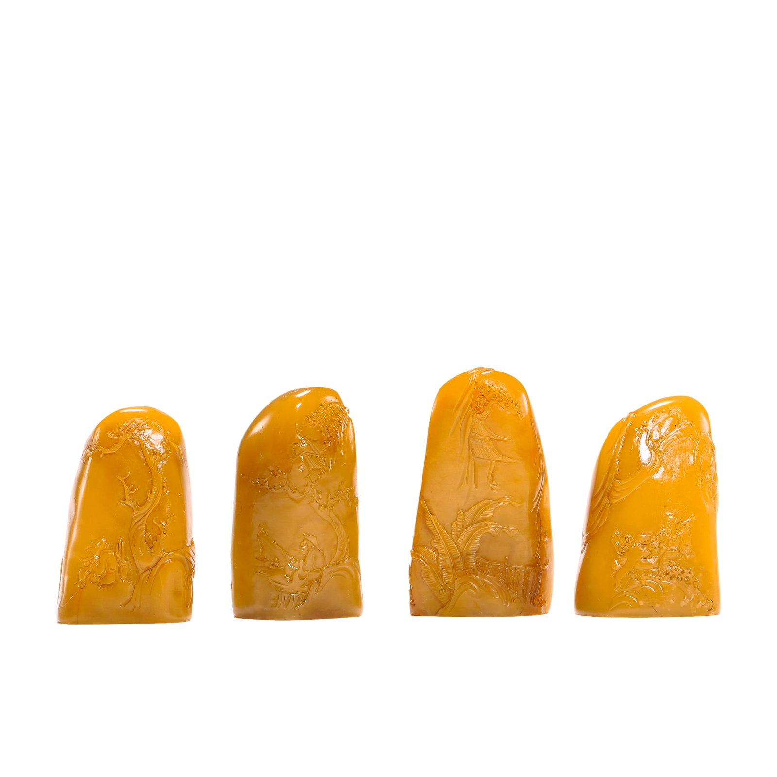 Set of Four Qing Dynasty Tianhuang Stone Free-Form Seals with Wu Zi Mark & Light Relief Landscapes, (1 of 13)