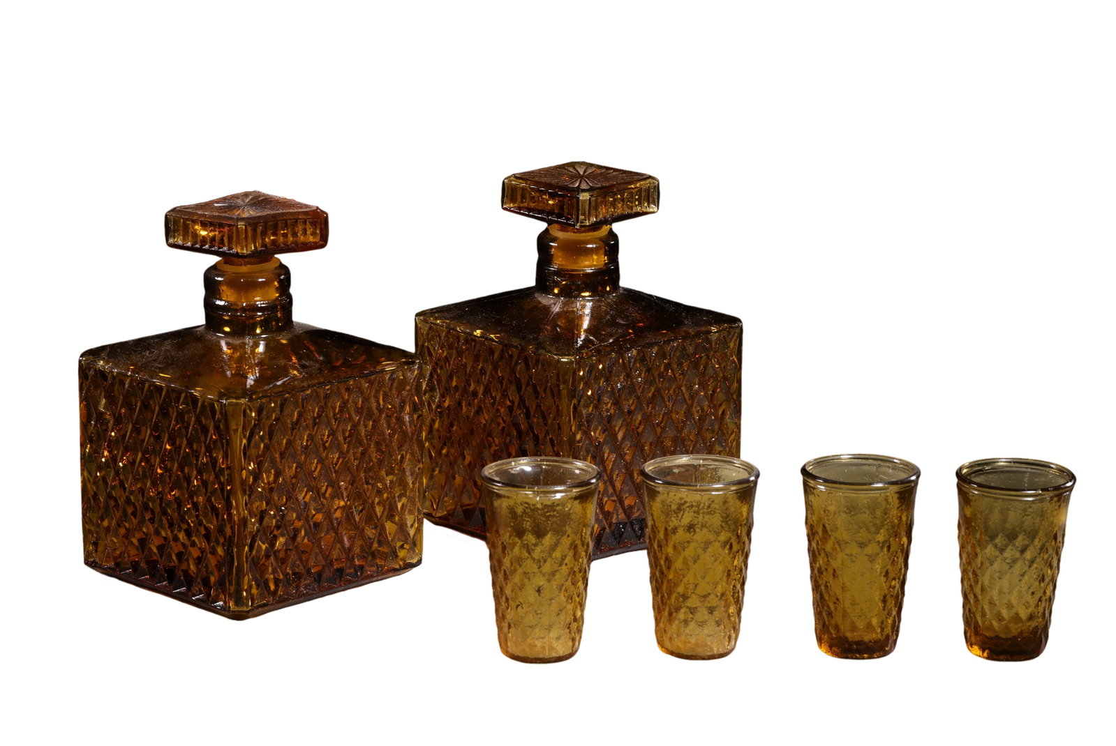 20th?Century European Amber Diamond?Cut Glass Liquor Set with Original Wooden Chest, 20th: Dimensions: Decanter Height 13cm (5.12in), Width?Depth 9cm (3.54in); Tumbler Height 6cm (2.36in), Rim Diameter 4cm (1.57in), 20th CenturyCondition & Provenance: This complete original set consists of 