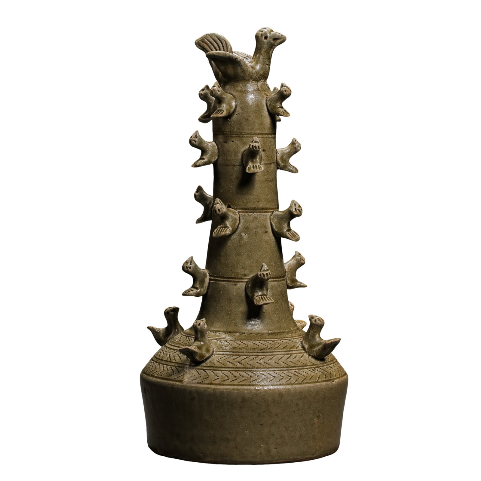 Western Jin Yue Kiln Celadon Tree Vessel With Multi-Bird AppliquÃ©: Dimensions?Overall Height 40 cm (15.7 in), Base Diameter 17 cm (6.7 in), 3rd – 4th Century CECondition & Provenance?The vessel remains fully intact with no missing pieces. The top primary bird and a