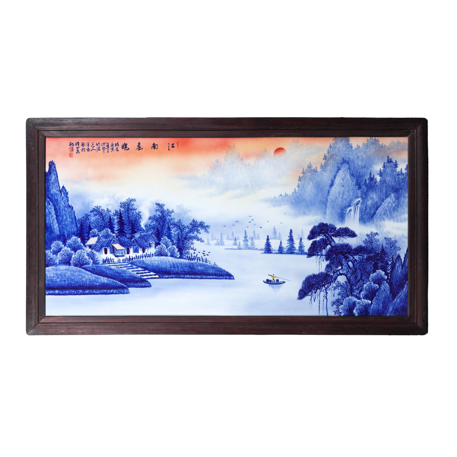 Contemporary Underglaze Blue Landscape Porcelain Plaque "Spring Dawn over Jiangnan": Dimensions?Outer frame overall length 120 cm (47.2 in), outer frame overall width 65 cm (25.6 in); Pure porcelain panel length 108.5 cm (42.7 in), pure porcelain panel height 53.5 cm (21.1 in), 20th��