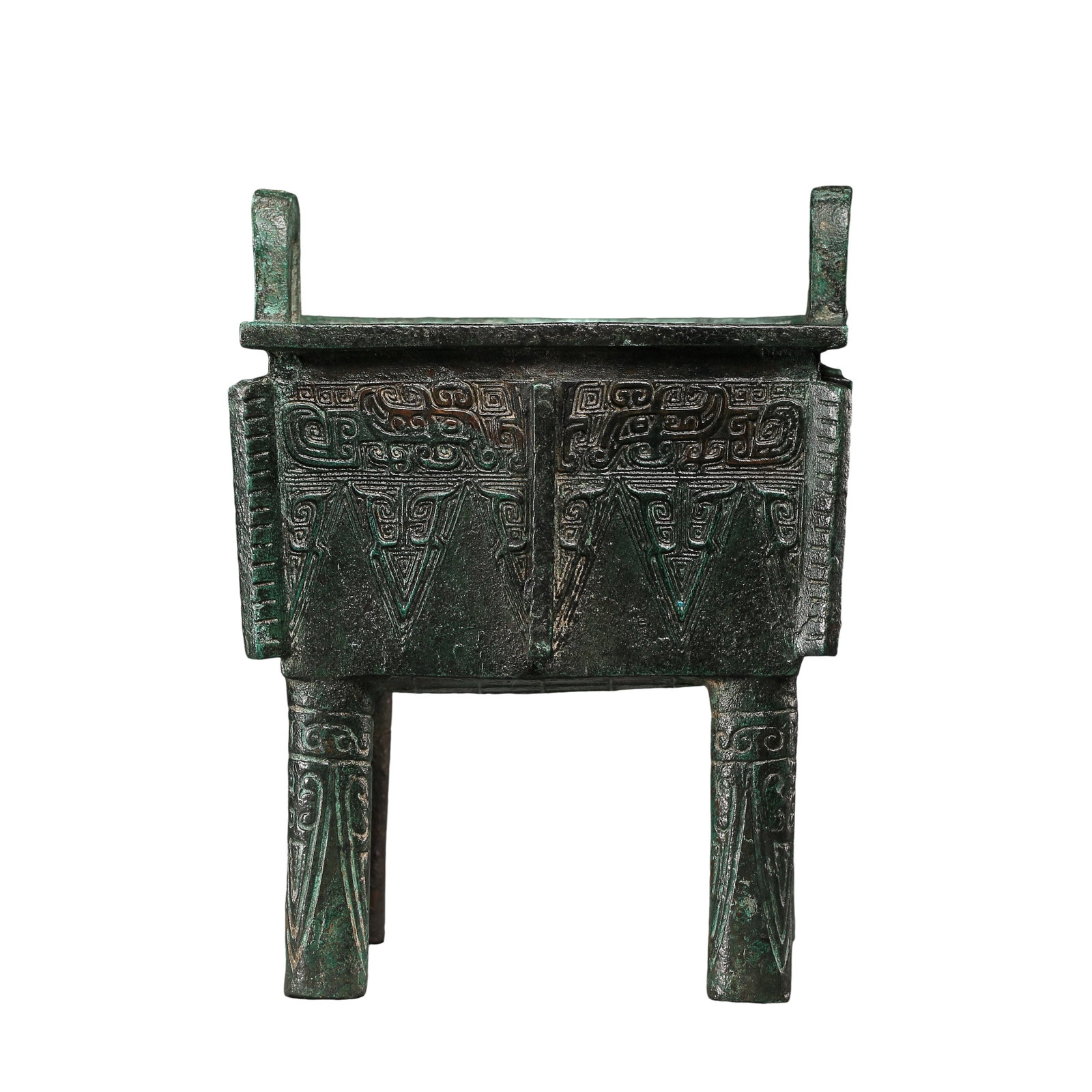 Shang Dynasty Bronze Square Ritual Ding with Beast Mask & Flange Decoration: Dimensions?Overall height 17 cm (6.69 in), mouth width 13 cm (5.12 in), weight 1679 g, Shang Dynasty (1600–1046 BCE)Condition & Provenance?The bronze ding is fully intact with no missing segments, r