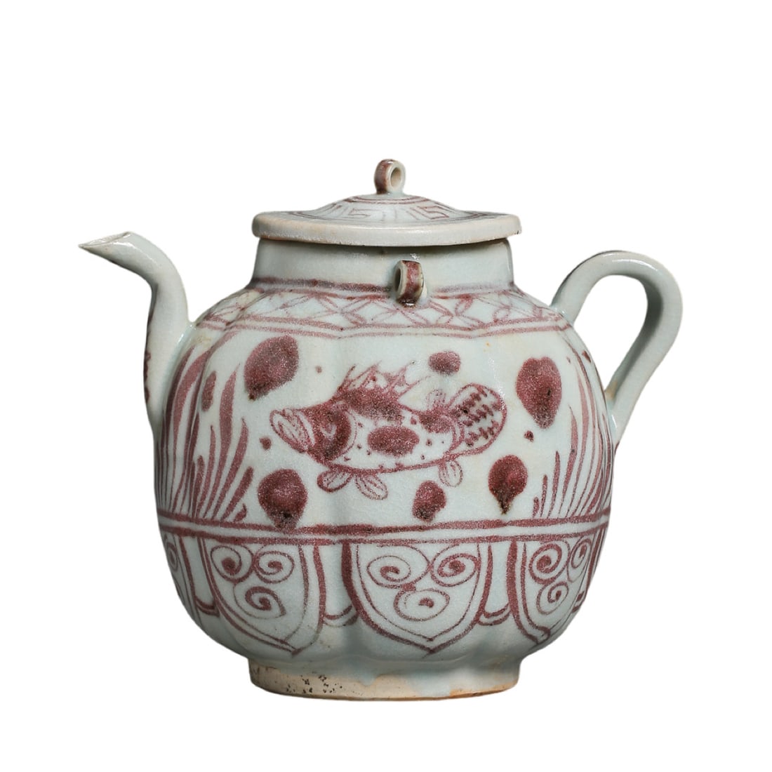 Yuan Dynasty Underglaze?Red Melon?Shaped Ewer With Fish?and?Aquatic?Weeds Motif (1 of 10)