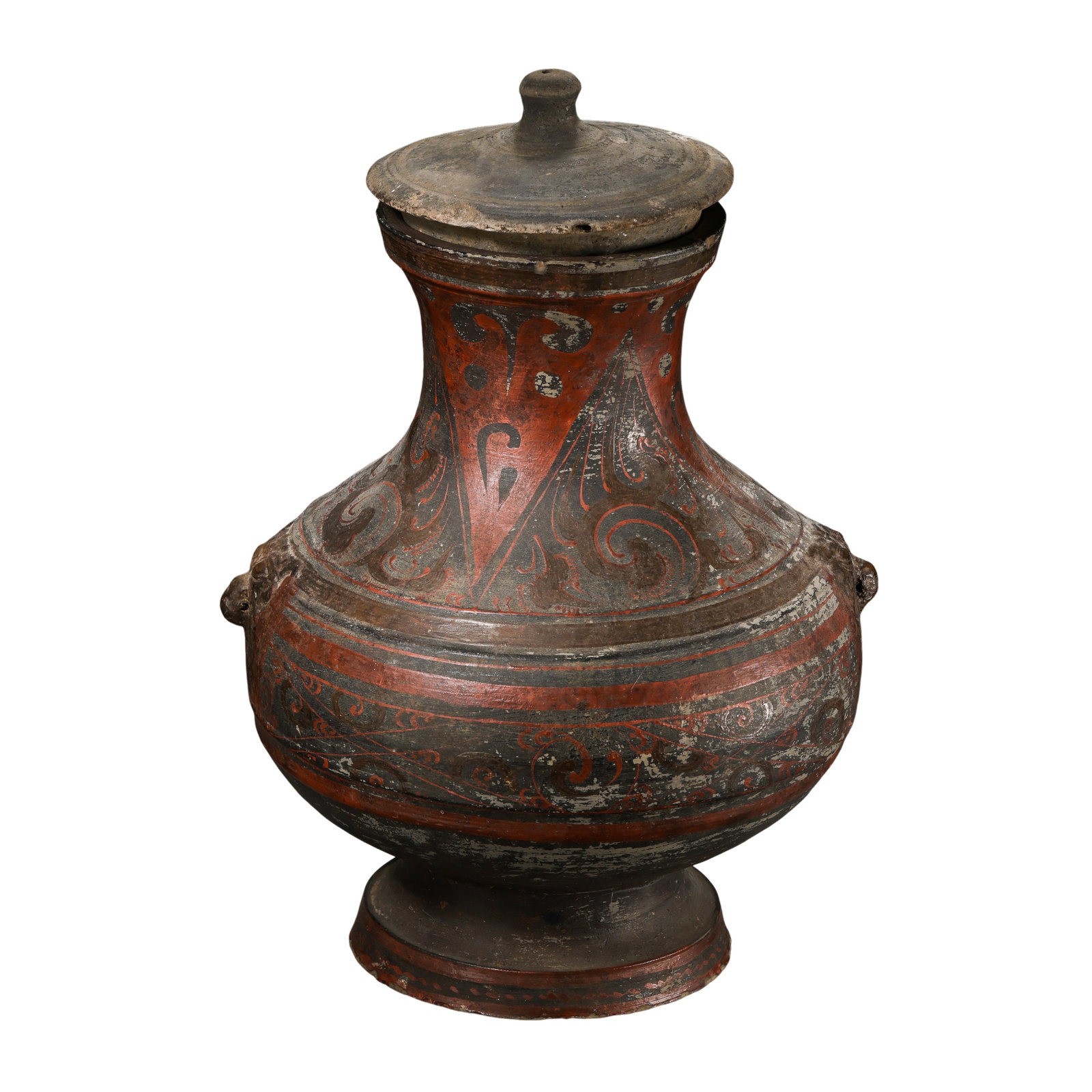 Han Dynasty Painted Pottery Covered Hu Vessel With Animal?Mask Handles: Dimensions?Overall height 33 cm (13.0 in), mouth diameter 13 cm (5.1 in), 202?BCE?220?CECondition & Provenance?The pottery hu is preserved complete with its original matching lid. No structural cracks