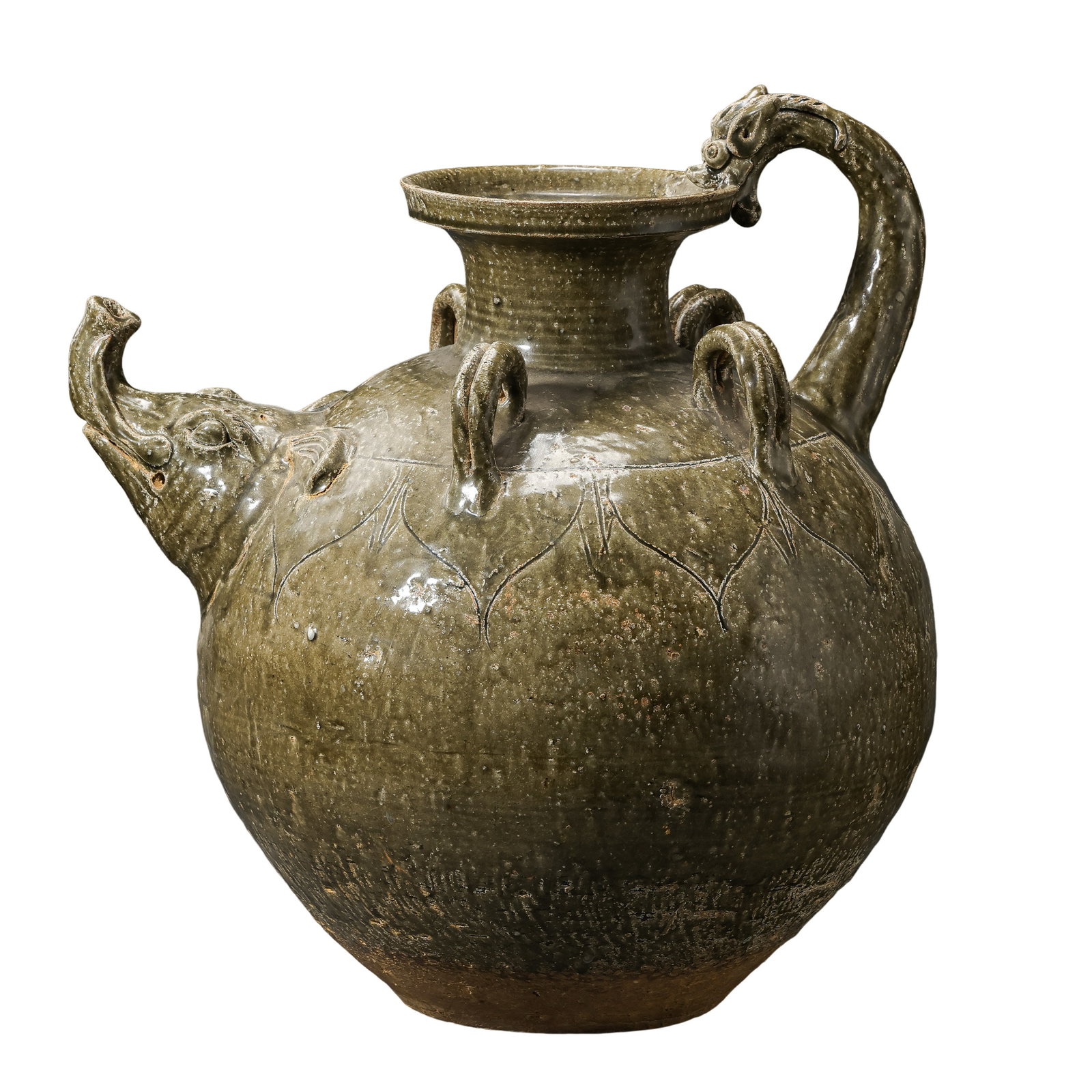 Jin Dynasty Yue Kiln Celadon Giant Ewer With Dragon Handle, Elephant Spout, Lotus Carving & Four (1 of 10)