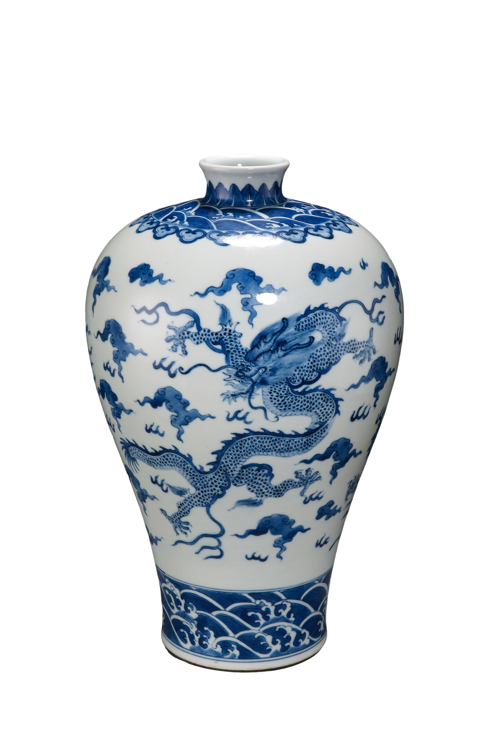 Kangxi Marked Qing Dynasty Blue and White Large Prunus Vase with Five-Clawed Dragon and Auspicious: Dimensions?Overall height 39 cm (15.4 in), mouth diameter 7 cm (2.8 in), 17th-18th Century CECondition & Provenance?This vase is fully intact with no cracks, chips, glaze flaking or restored touch-ups