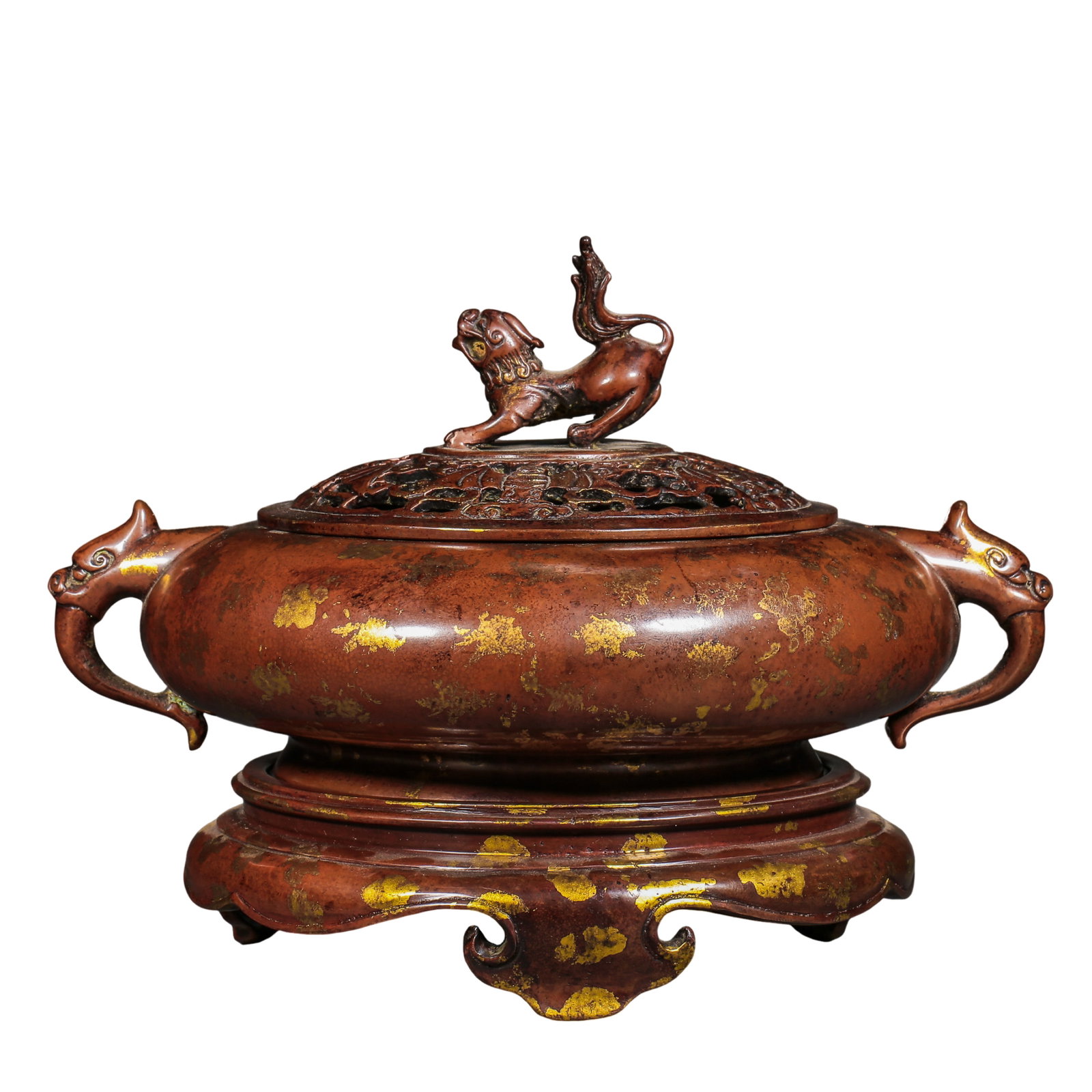 Qing Dynasty Gilt-Speckled Bronze Censer with Twin Beast Handles, Qilin Finial & Hollow Bat Motifs: Dimensions?Overall height 18 cm (7.1 in), maximum width 24 cm (9.4 in), net weight 3477 grams, 17th–20th Century CECondition & Provenance?This complete set includes the main censer, pierced lid and 