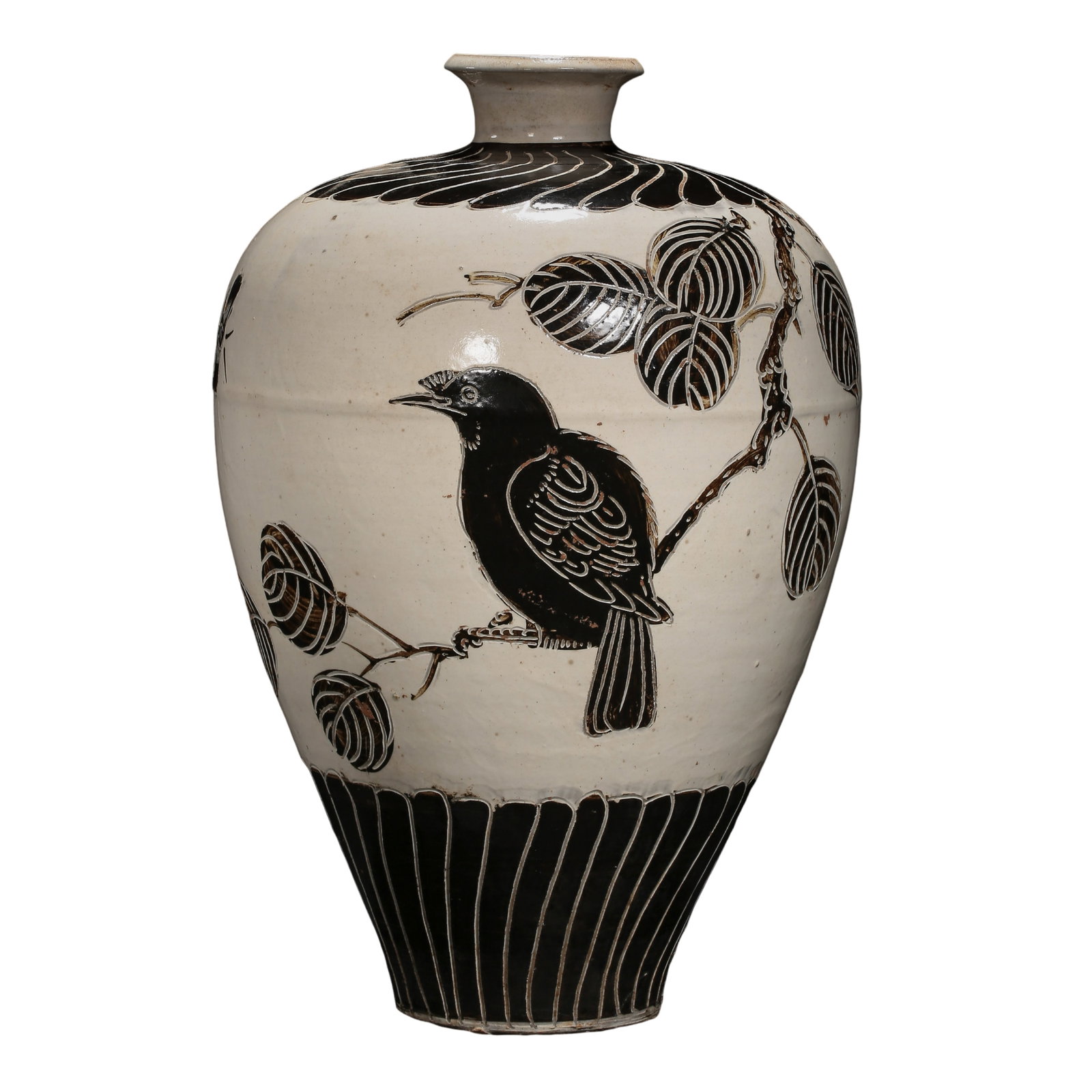 Song Dynasty Cizhou Kiln Carved Black Floral-Bird Meiping Vase on White Slip: Dimensions?Overall height 32.5 cm (12.8 in), mouth diameter 6.8 cm (2.7 in), Song Dynasty (10th–13th Century CE)Condition & Provenance?The vase is fully intact with no penetrating cracks or major re