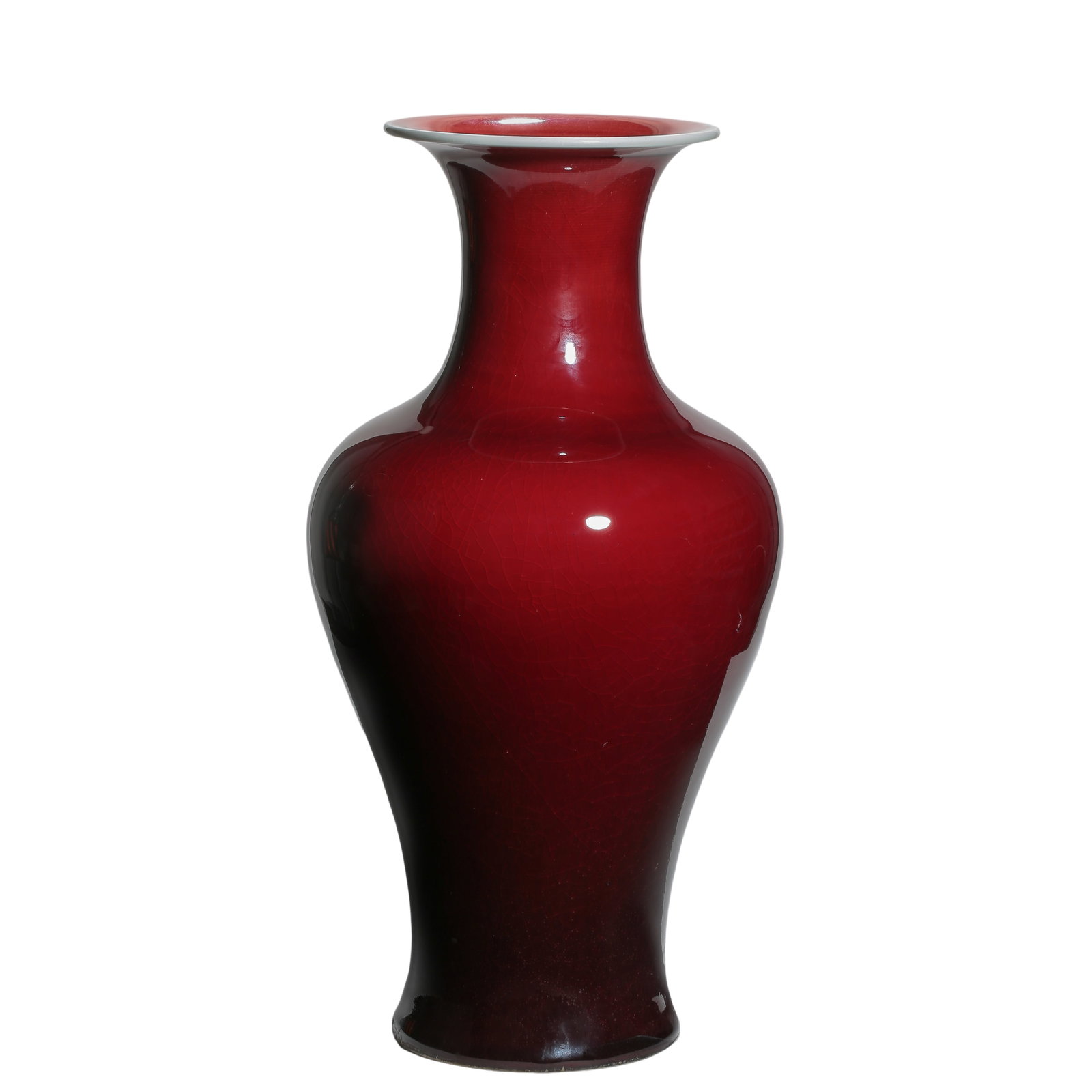 Qing Dynasty Kangxi Mark Langyao Red Glazed Guanyin Zun Vase: Dimensions?Overall height 41 cm (16.1 in), mouth width 14.7 cm (5.8 in), Qing Dynasty (17th–18th Century CE)Condition & Provenance?The vase is fully intact with no cracks, chips, glaze flaking or re