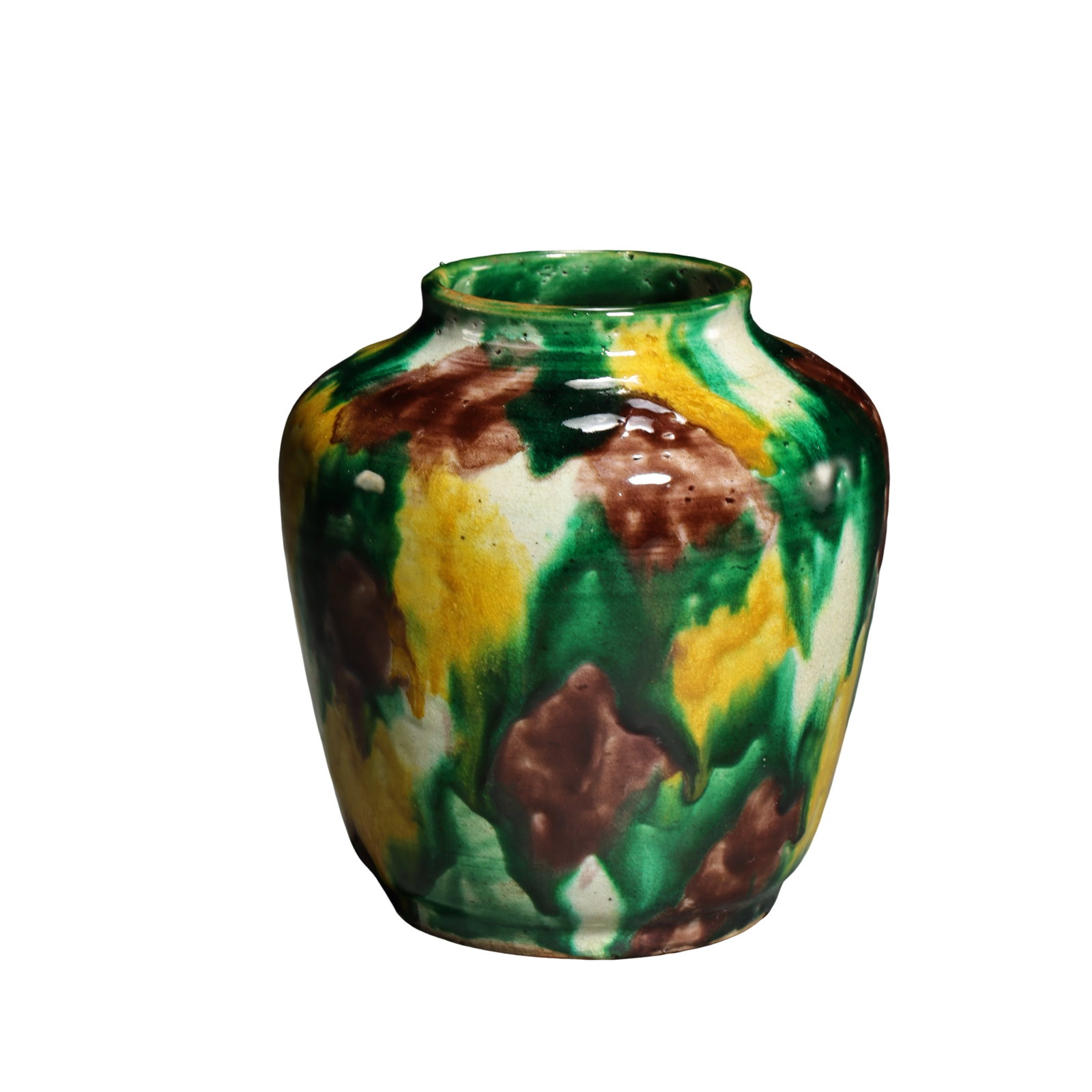 Qing Dynasty Kangxi Period Tiger?Skin Sancai Small Jar: Dimensions?Overall height 11.5 cm (4.5 in), mouth diameter 5.8 cm (2.3 in), Qing Dynasty (17th?18th Century CE)Condition & Provenance?The jar remains intact without penetrating cracks or major chips. 