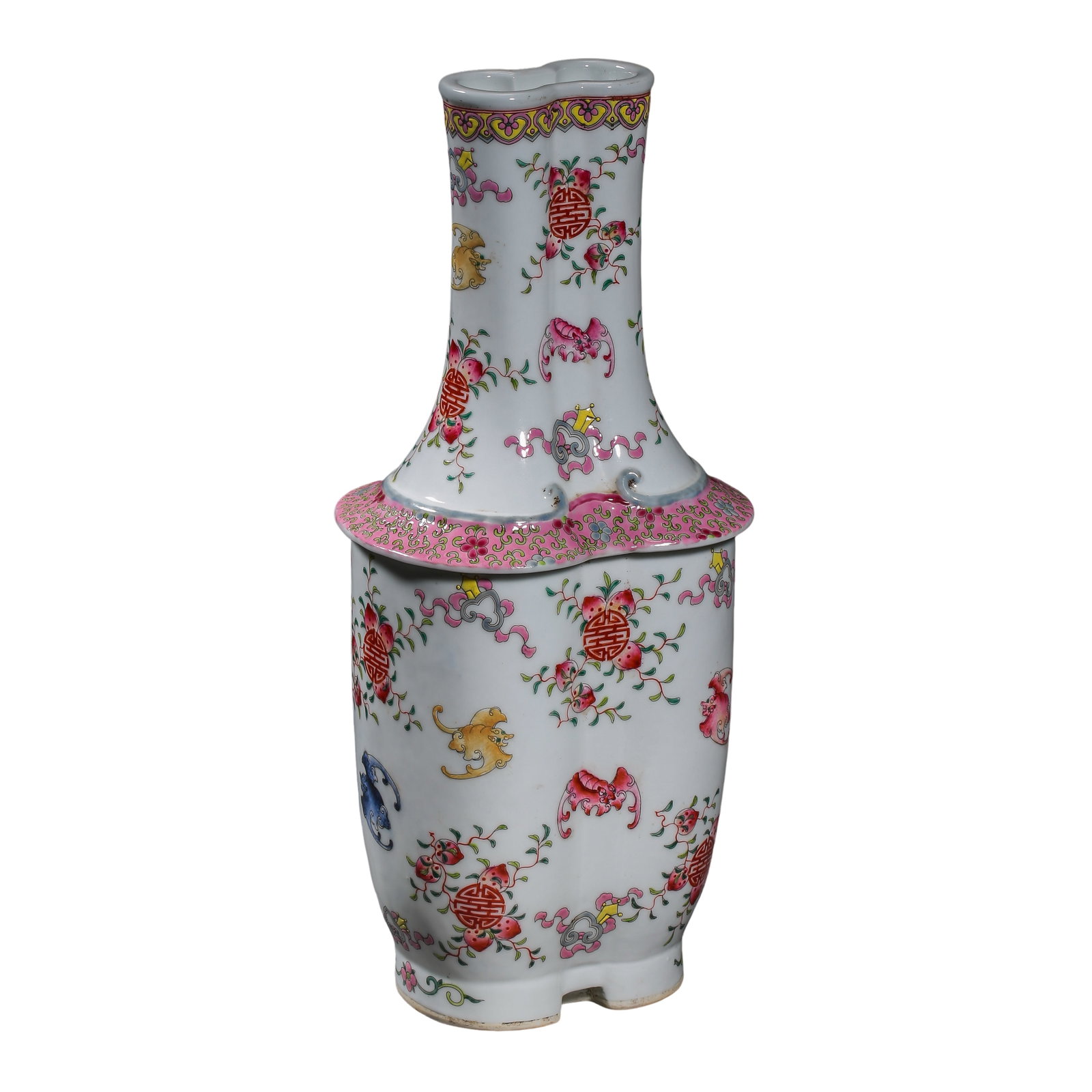 Qing Dynasty Jiaqing Famille Rose Double Vase with Fortune & Longevity Motifs: Dimensions?Overall height 36 cm (14.2 in), double mouth width 8.5 cm (3.3 in), Qing Dynasty (18th–19th Century CE)Condition & Provenance?The vase is fully intact without cracks, chips, glaze loss or