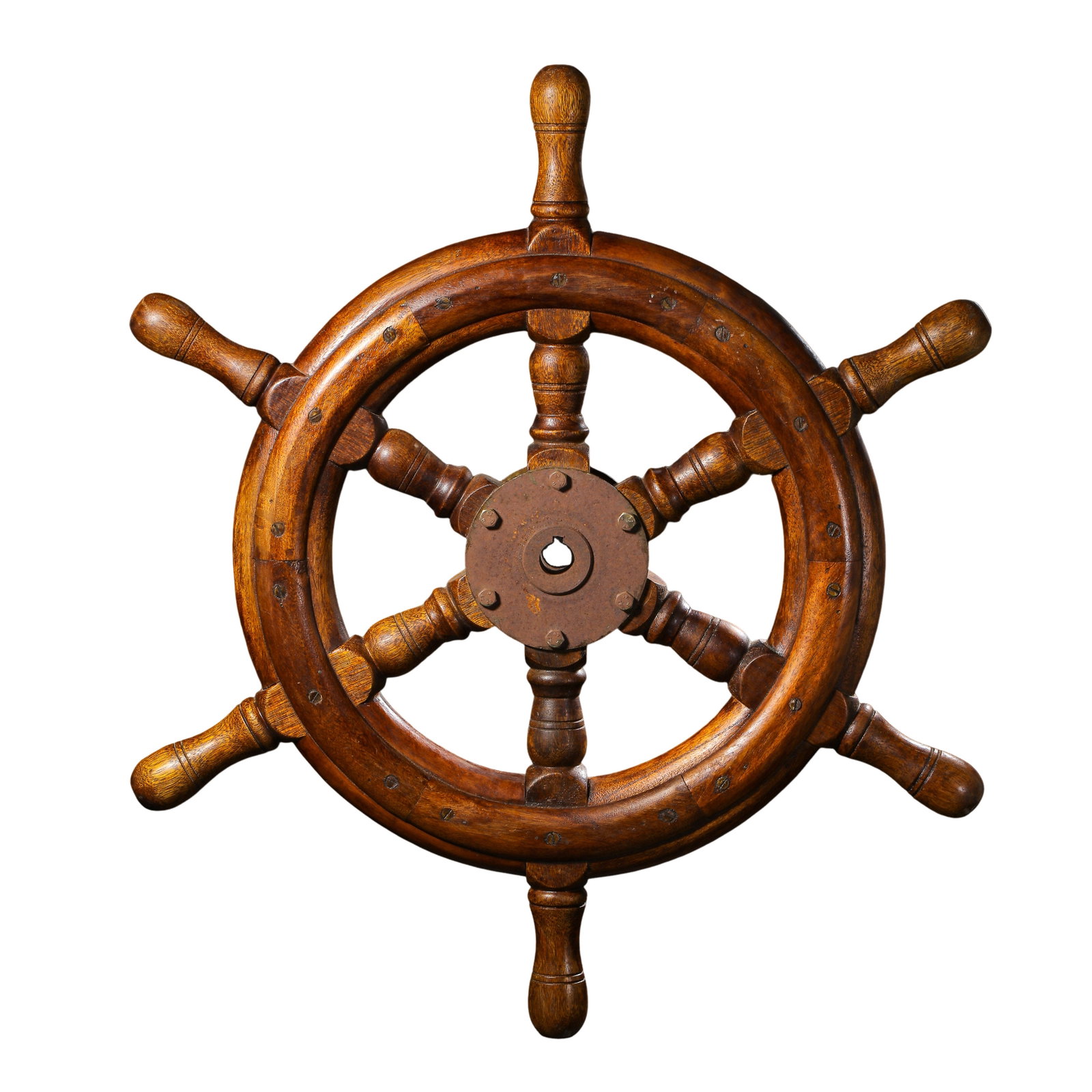 Vintage Solid Wood Eight-Spoke Ship Steering Wheel, Modern Era (20th Century): Dimensions?Overall Diameter 56.5 cm (22.2 in), 20th Century Modern EraCondition & Provenance?The segmented wood frame is fully solid and sturdy with no cracked or missing spokes and grips. All origina