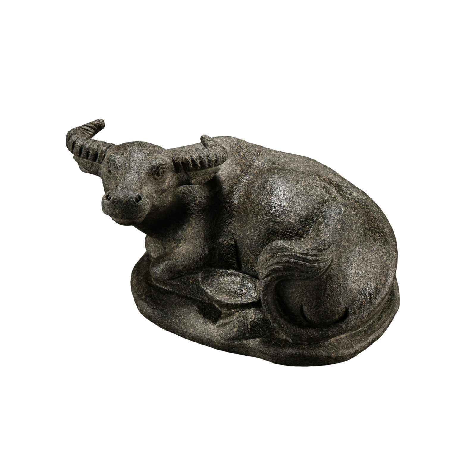 Qing Dynasty Bluestone Recumbent Buffalo Paperweight, Qing Dynasty (17th–Early 20th Century): Dimensions?Length 16 cm (6.30 in), Width 12.8 cm (5.04 in), Weight 3000g, Stone desk ornament from Qing Dynasty, 17th to early 20th centuryCondition & Provenance?Carved from a single piece of blueston