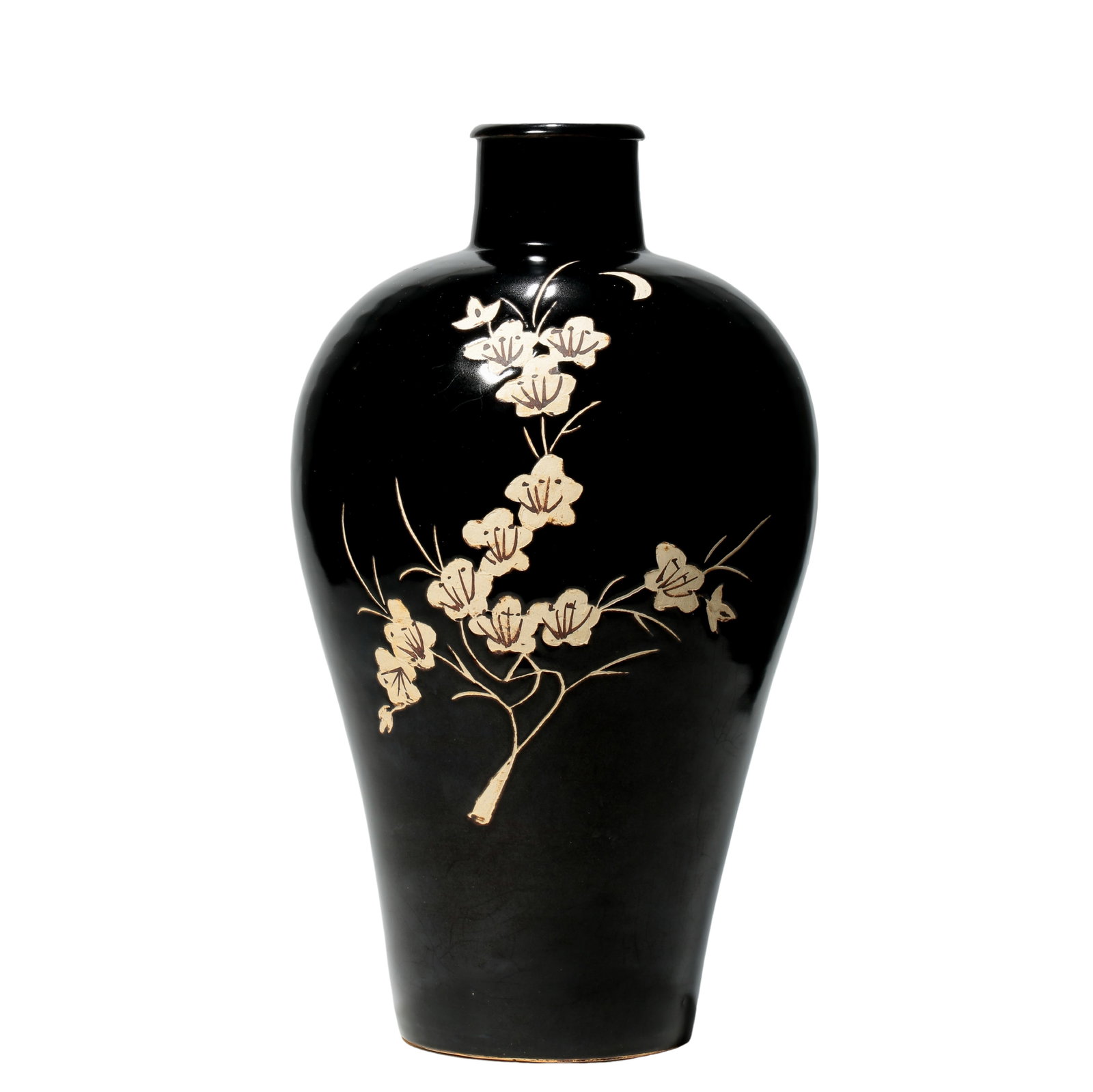 Song Dynasty Jizhou Kiln Black Glaze Carved Plum Blossom Moon Vase Meiping, Song Dynasty: Dimensions?Overall Height 30.5 cm (12.01 in), Mouth Diameter 5.8 cm (2.28 in), Ancient black glaze porcelain from 10th to 13th century Song periodCondition & Provenance?The whole vessel is covered in 