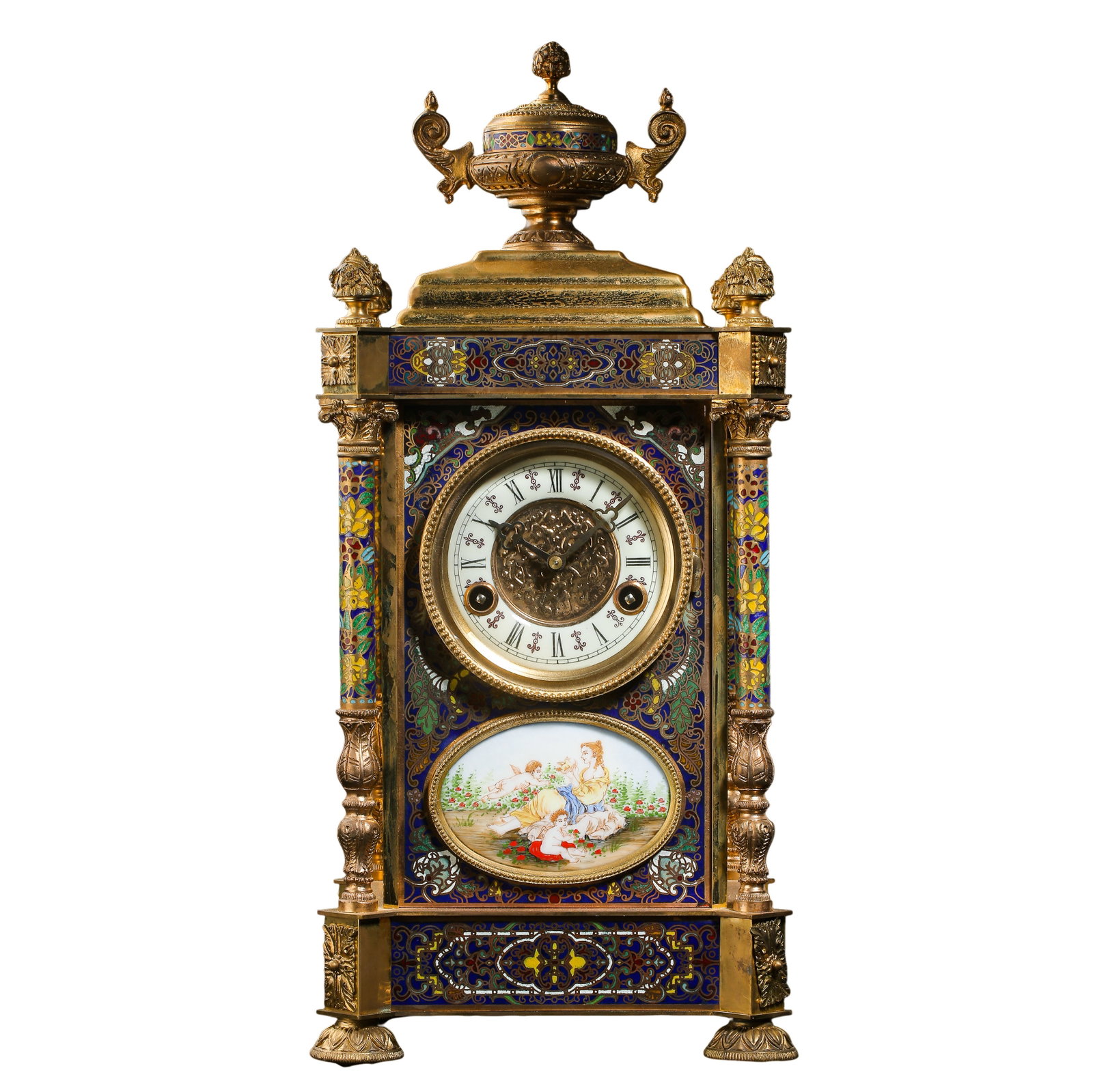 19th Century French Gilt Bronze Champleve Enamel Figural Mantel Clock, 19th Century (1801–1900): Dimensions?Overall Height 47 cm (18.50 in), Maximum Top Width 21 cm (8.27 in), European bronze enamel timepiece from the 19th centuryCondition & Provenance?The gilt bronze frame remains intact overall