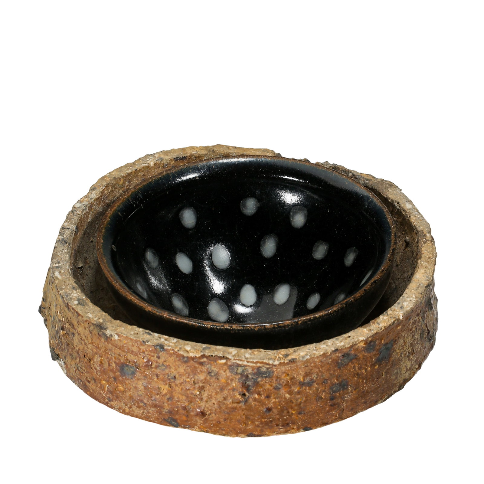 Song Dynasty Jian Kiln Pearl Spot Tea Bowl with Original Kiln Saggar, Song Dynasty (10th–13th: Dimensions?Maximum Width 16 cm (6.30 in), Overall Height 8.5 cm (3.35 in), Ancient Song porcelain set including black glaze tea ware and kiln tool from the 10th–13th centuryCondition & Provenance?Th