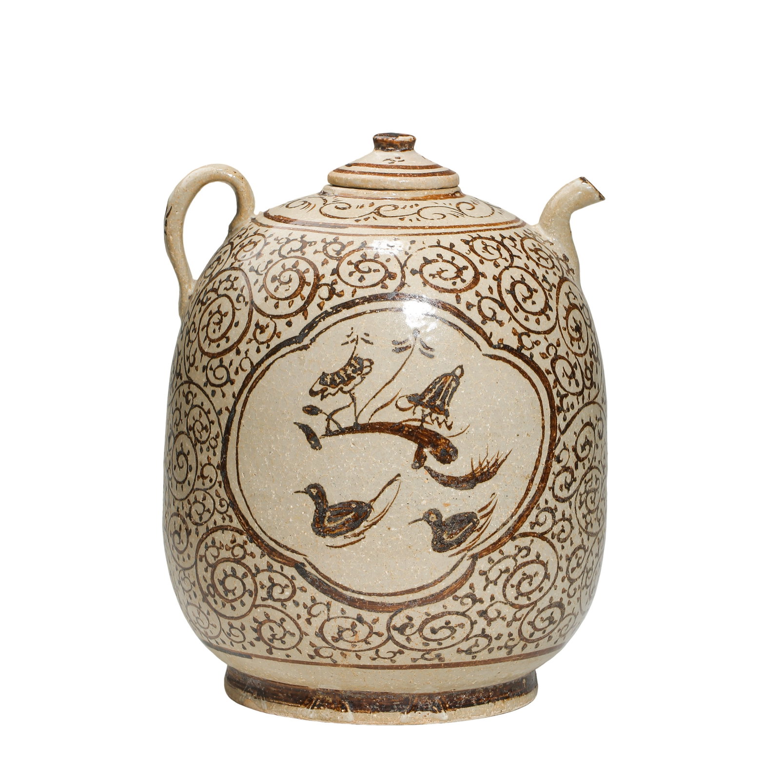 Yuan Dynasty Cizhou Kiln Brown Painted Mandarin Duck Ewer, Yuan Dynasty (1271–1368): Dimensions?Maximum Belly Diameter 15 cm (5.91 in), Overall Height 18 cm (7.09 in), Northern Chinese painted folk porcelain from the 13th–14th centuryCondition & Provenance?The main body, handle and 