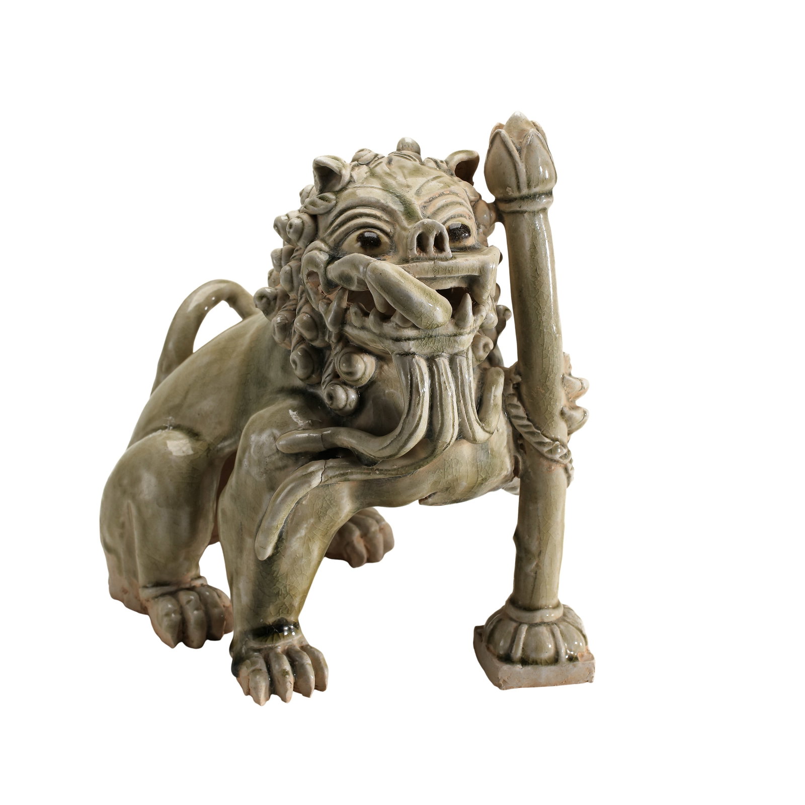 Sui Xiangzhou Kiln Celadon Seated Lion Holding Lotus Sculpture, Sui Dynasty (Late 6th – Early 7th: Dimensions?Overall Height 24 cm (9.45 in), Length 24 cm (9.45 in), Northern antique celadon sculpture from the 6th–7th centuryCondition & Provenance?The sculpture is fully intact with no breaks or m