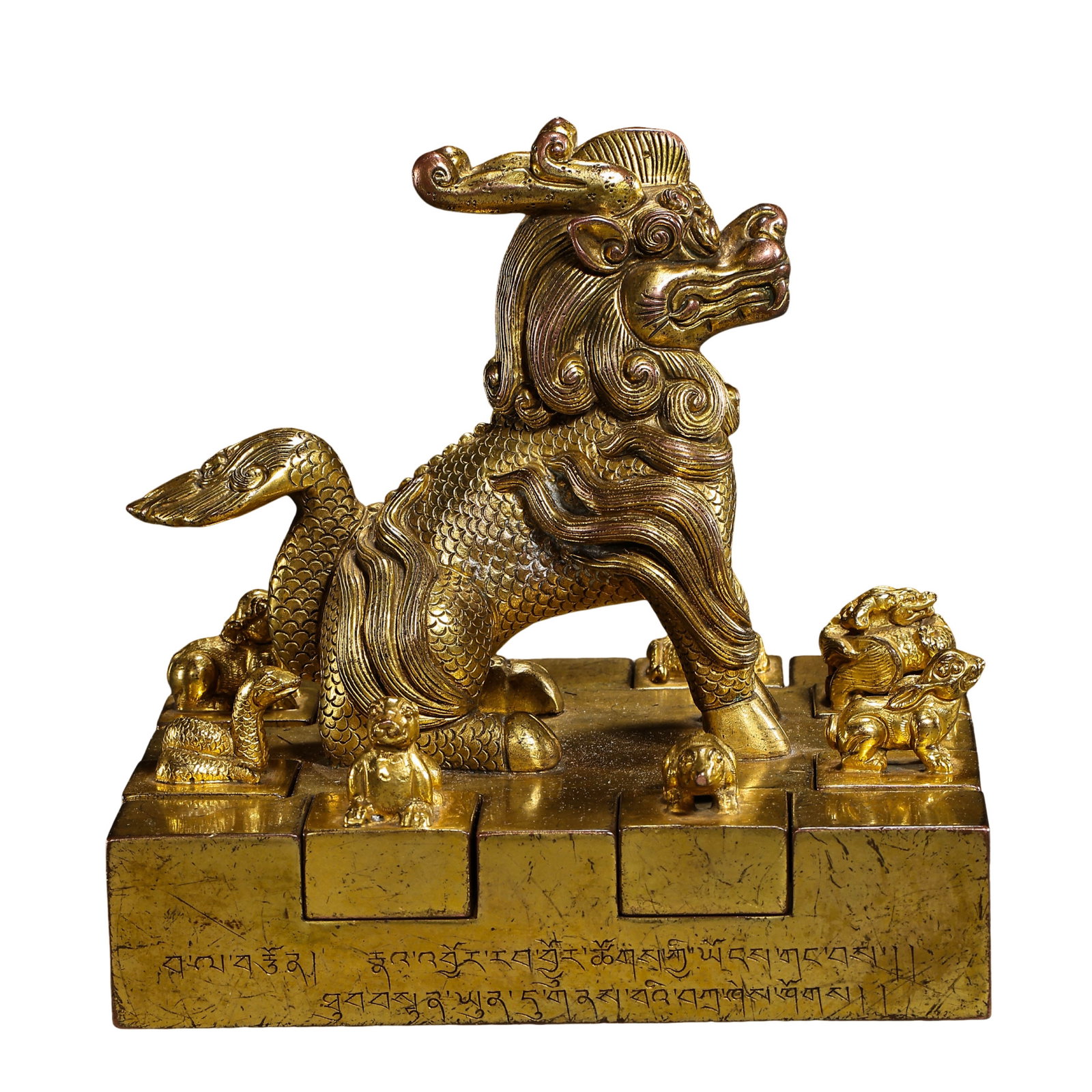 Qing Dynasty Gilt Bronze Qilin Base Twelve Zodiac Imperial Seal Set, Qing Dynasty (17th–19th: Dimensions?Base Overall Height 15 cm (5.91 in), Base Length & Width 15.2 cm (5.98 in), Total Weight 5100g, Qing imperial gilt bronze seals (Bronze, circulated in California)Condition & Provenance?The 