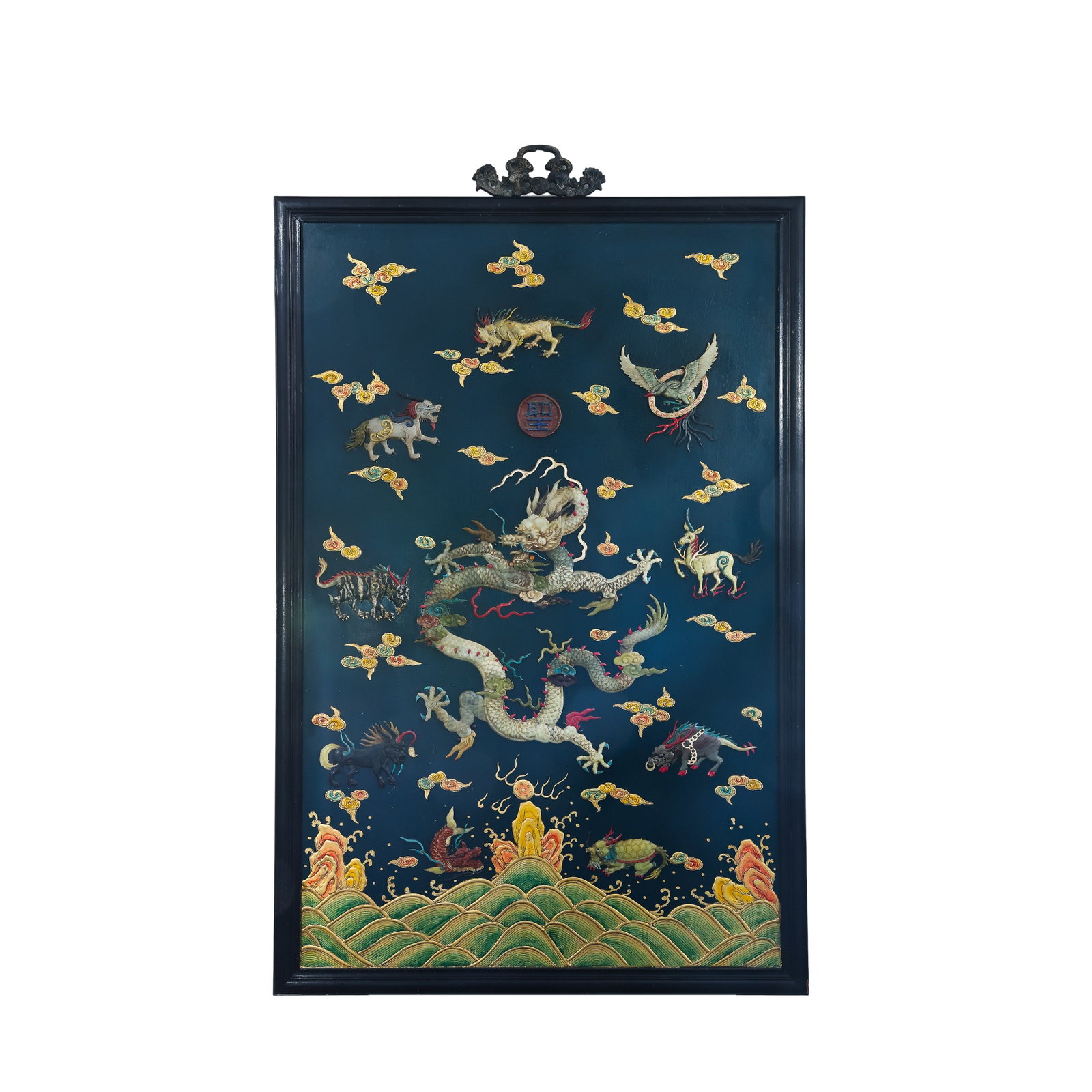 Qing Dynasty Black Lacquer Hundred Treasures Inlaid Hanging Screen Decorated with Main Dragon and: Dimensions: Width 80.5cm (31.69in), Height 120cm (47.24in), Qing Dynasty (17th – 19th Century A.D.)Condition & Provenance: The hardwood frame is fully intact and stable, free of splits or warping. T